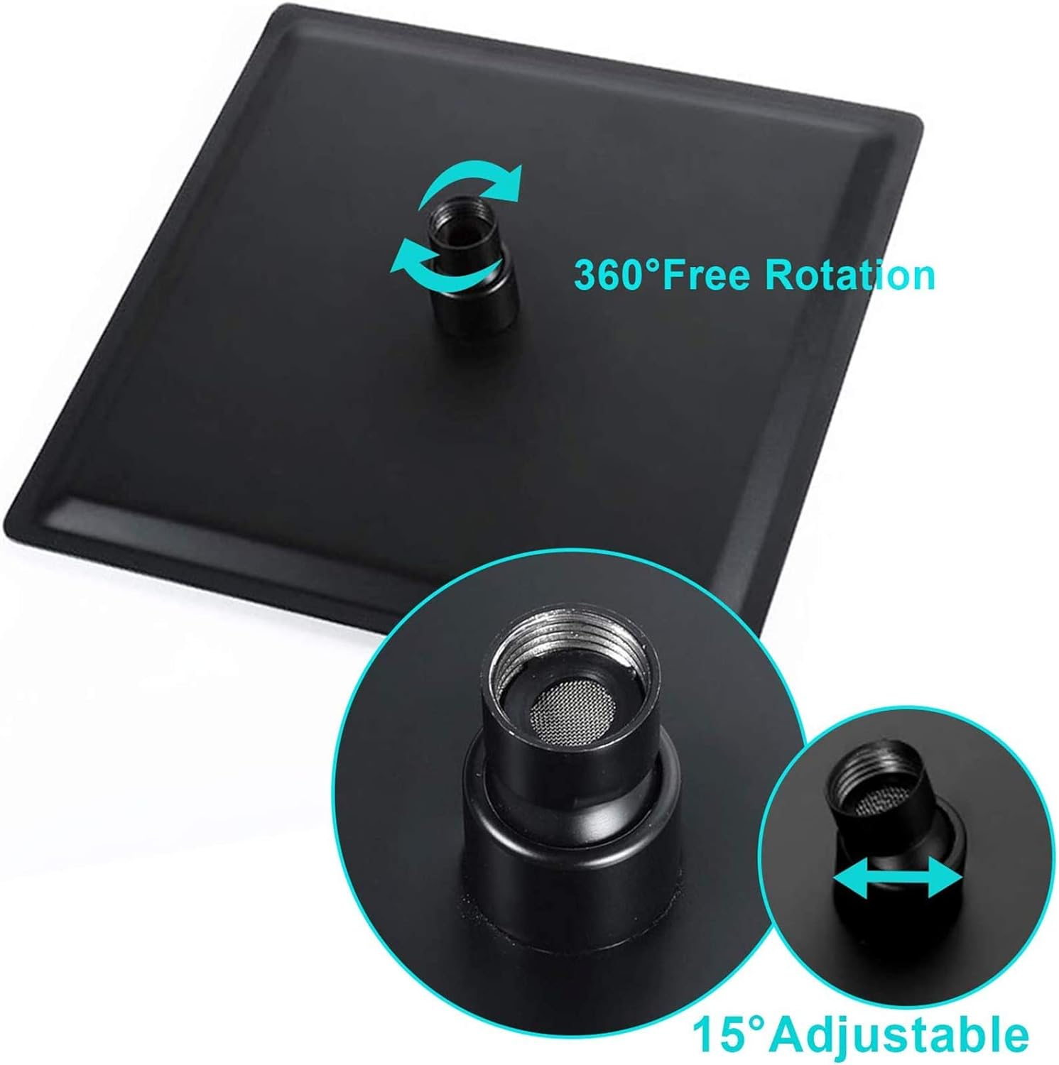 12 Inch Black Rain Shower Head, Square Ultra Thin 304 Stainless Steel High Pressure Shower Head