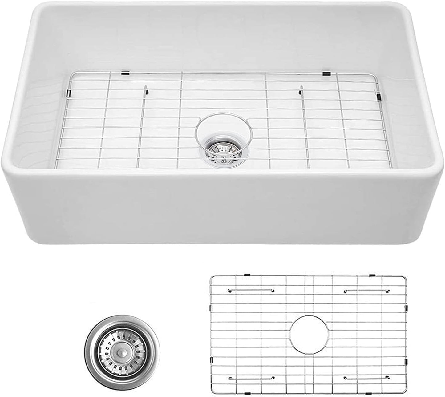 33" x 20" x 8" Inch Single Bowl Ceramic Apron-Front White Farmhouse Sink
