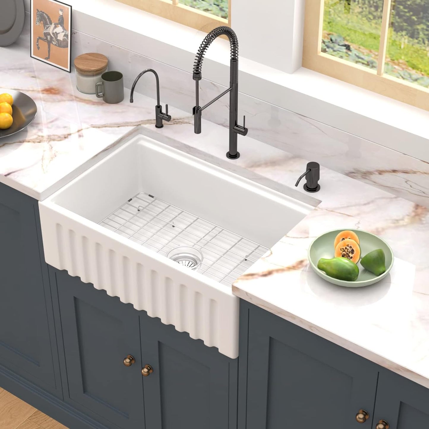 30" x 20" x 10" White Farmhouse Sink, Fireclay Porcelain Single Bowl Apron-Front Workstation Sink, Reversible Ceramic Farm Sink with various