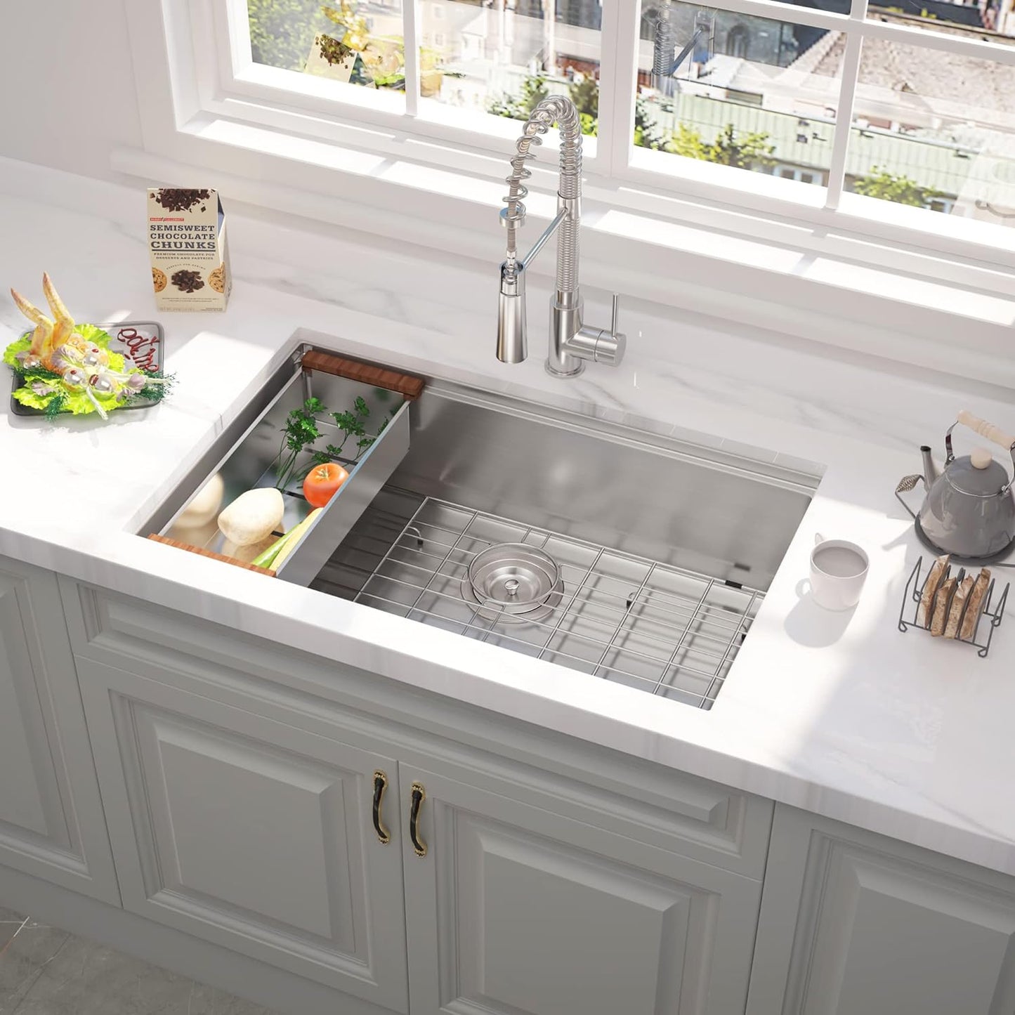 32" x 19" Undermount Workstation Kitchen Sink, Handmade Stainless Steel 18 Gauge Single Bowl R10 Tight Radius Kitchen Sink Integrated Ledge and Accessories (Pack of 5), 32"x19"