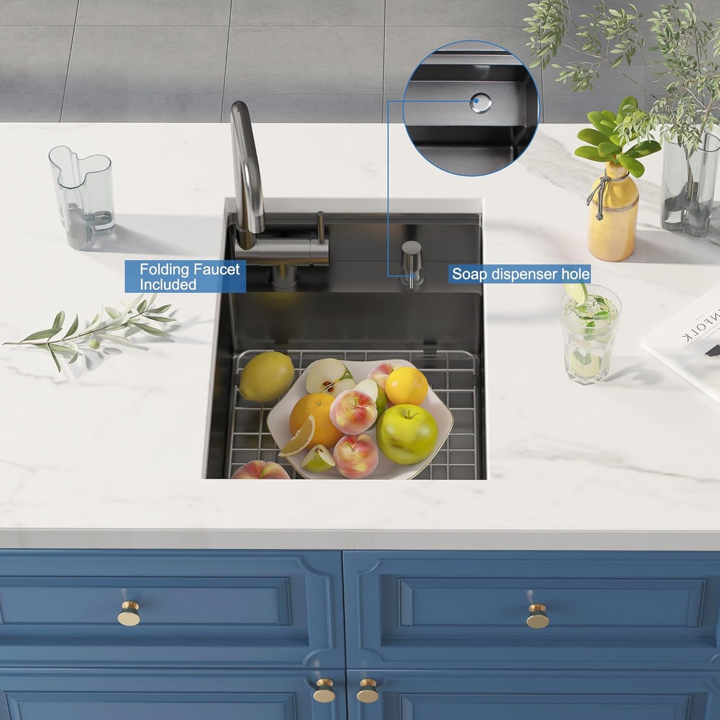 15 Inch Black Hidden Concealed Kitchen Bar Sink with Folding Faucet