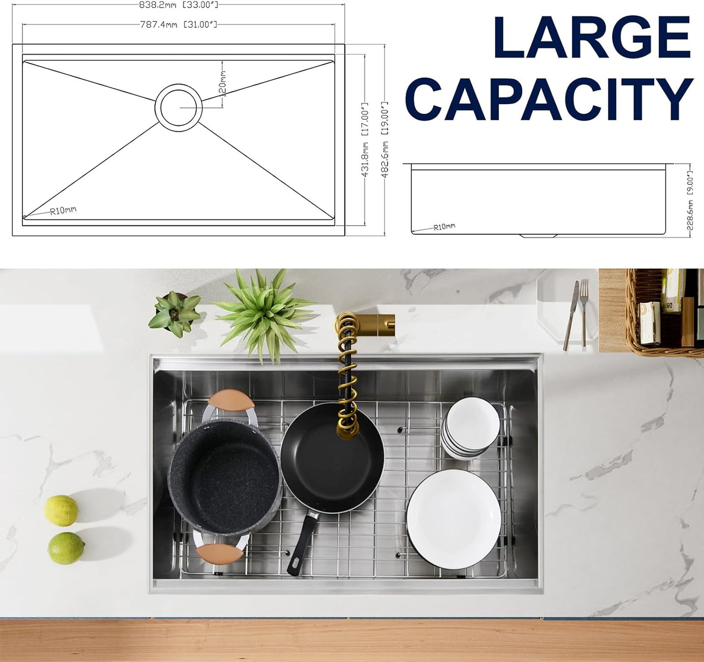 33"x19" Inch Undermount Kitchen Sink, 18 Gauge Single Bowl Stainless Steel Kitchen Sink