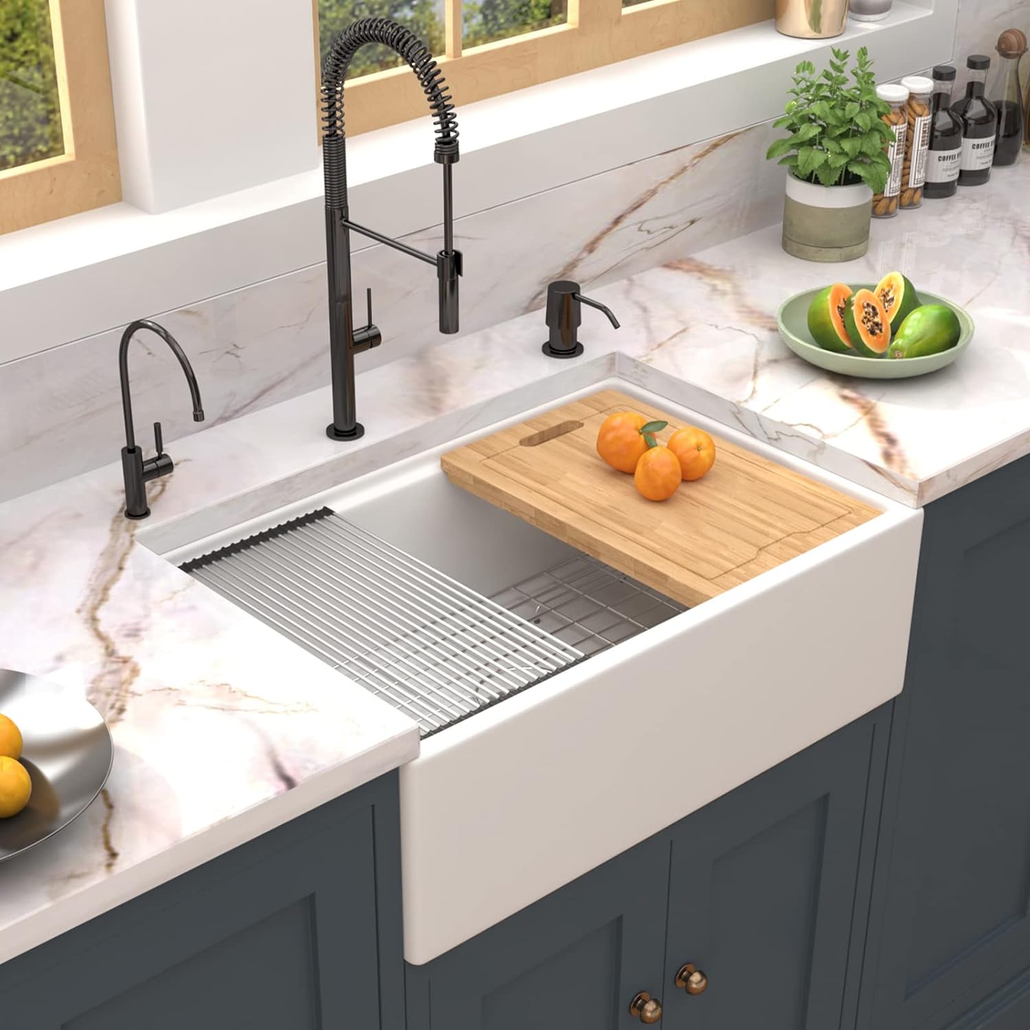 30" x 20" x 10" White Farmhouse Sink, Fireclay Porcelain Single Bowl Apron-Front Workstation Sink, Reversible Ceramic Farm Sink with various