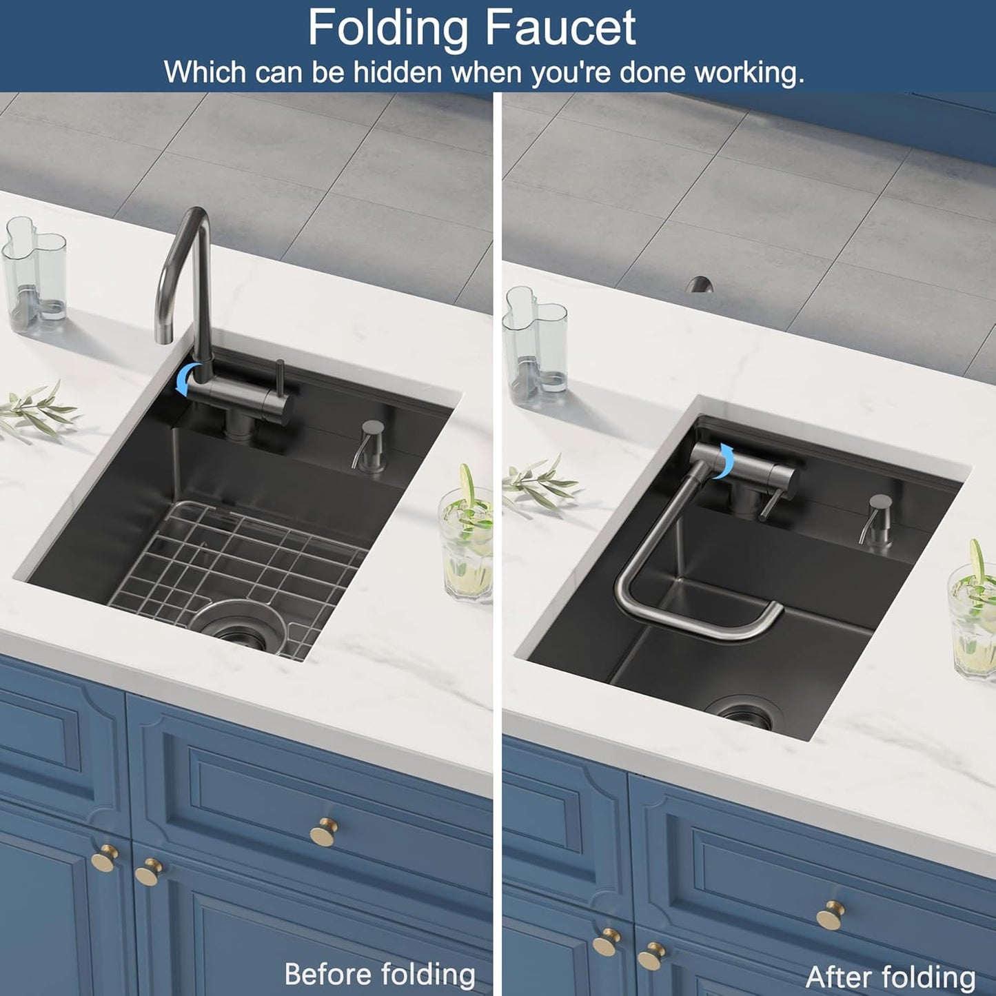 15 Inch Black Hidden Concealed Kitchen Bar Sink with Folding Faucet