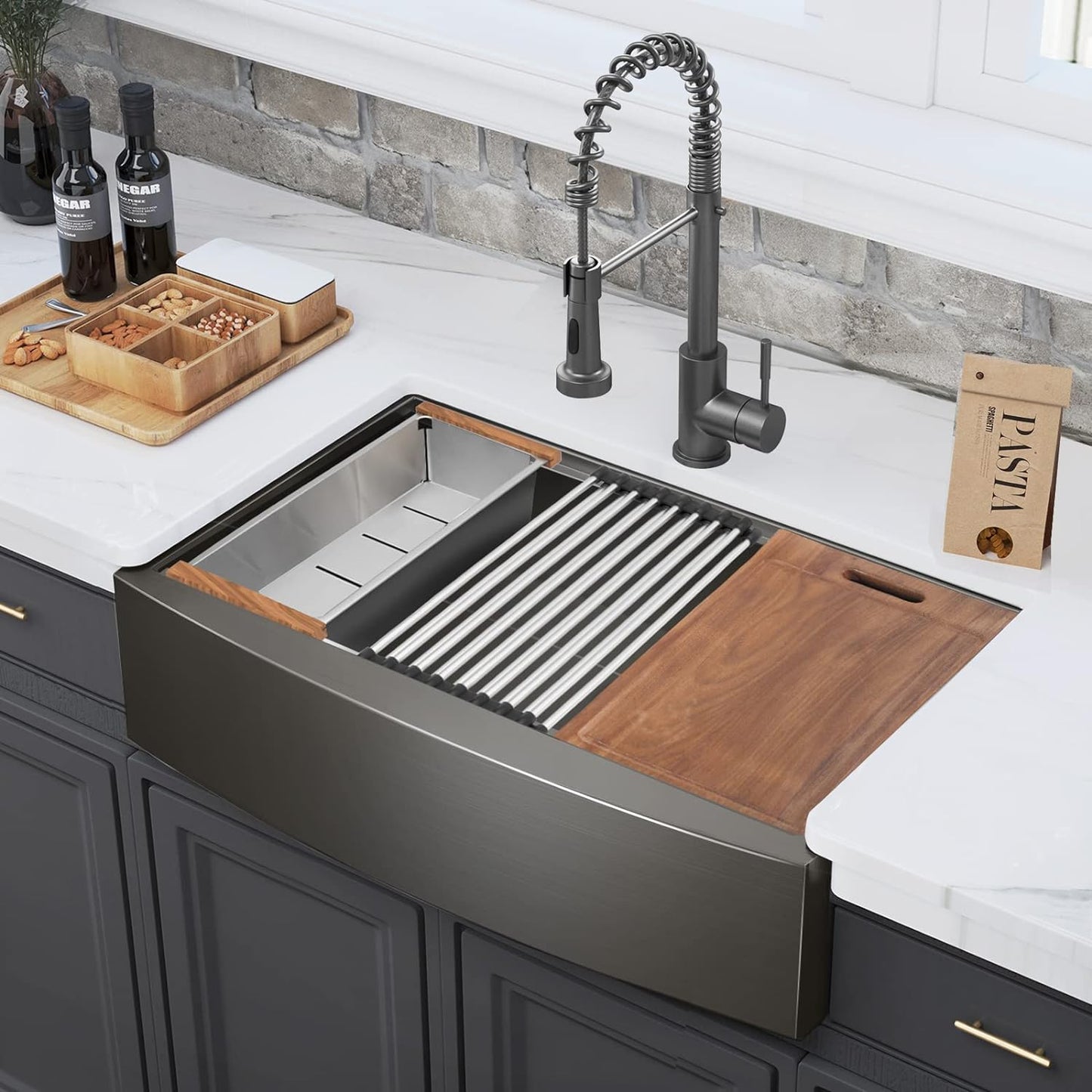 33" x 22" Gunmetal Black Farmhouse Sink, Single Bowl Stainless Steel Workstation Kitchen Sink 16 Gauge, Deep Handmade R10 Radius