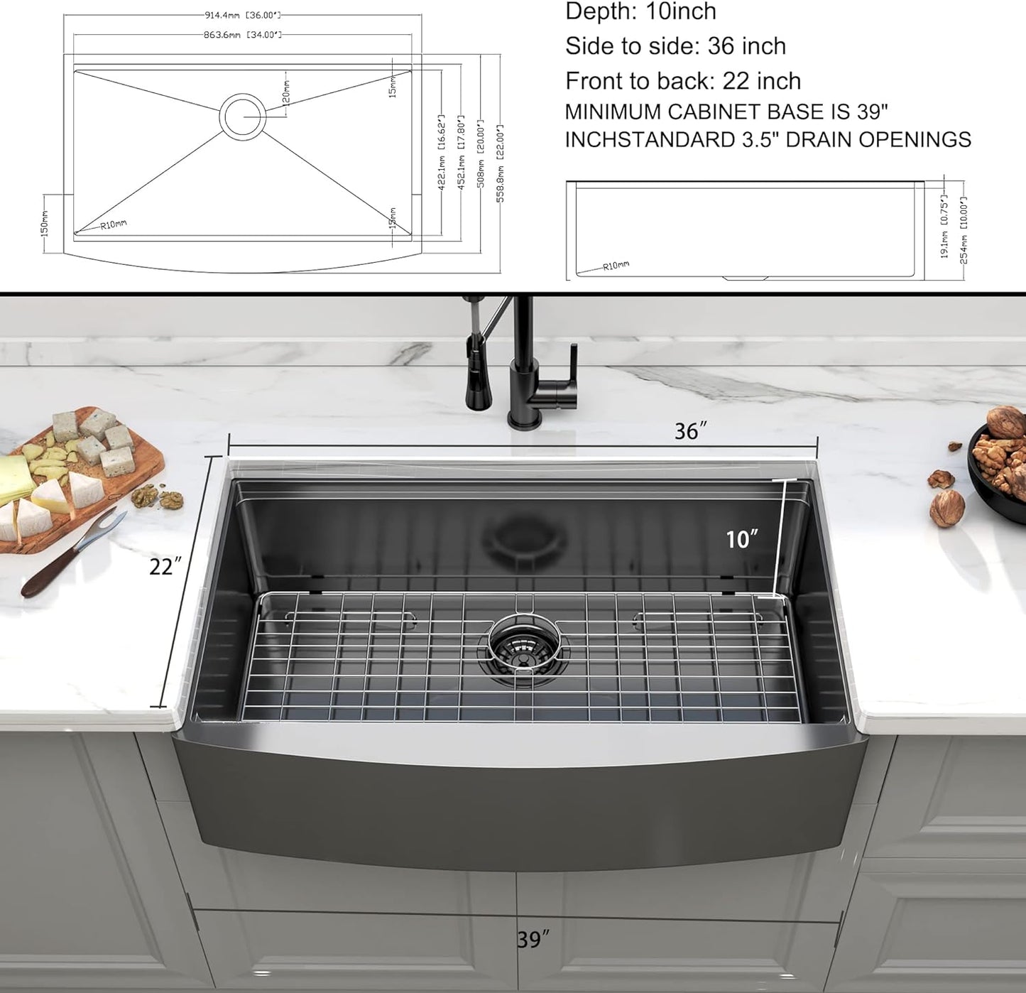 36" x 22" Gunmetal Black Farmhouse Workstation Apron-Front Kitchen Sink, 16 Gauge 10 inch Deep Single Bowl Farm Sink with Accessories Kit