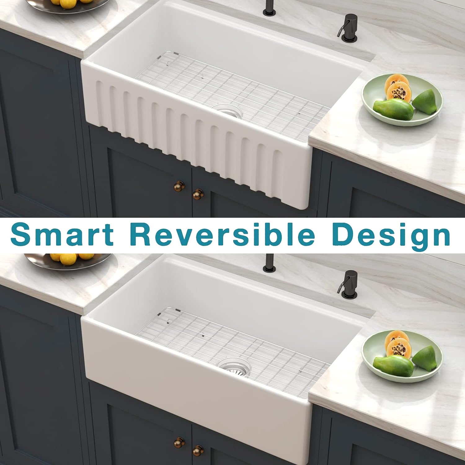 33" x 20" x 10" White Farmhouse Sink, Fireclay Porcelain Single Bowl Apron-Front Workstation Sink, Reversible Ceramic Farm Sink with various accessories