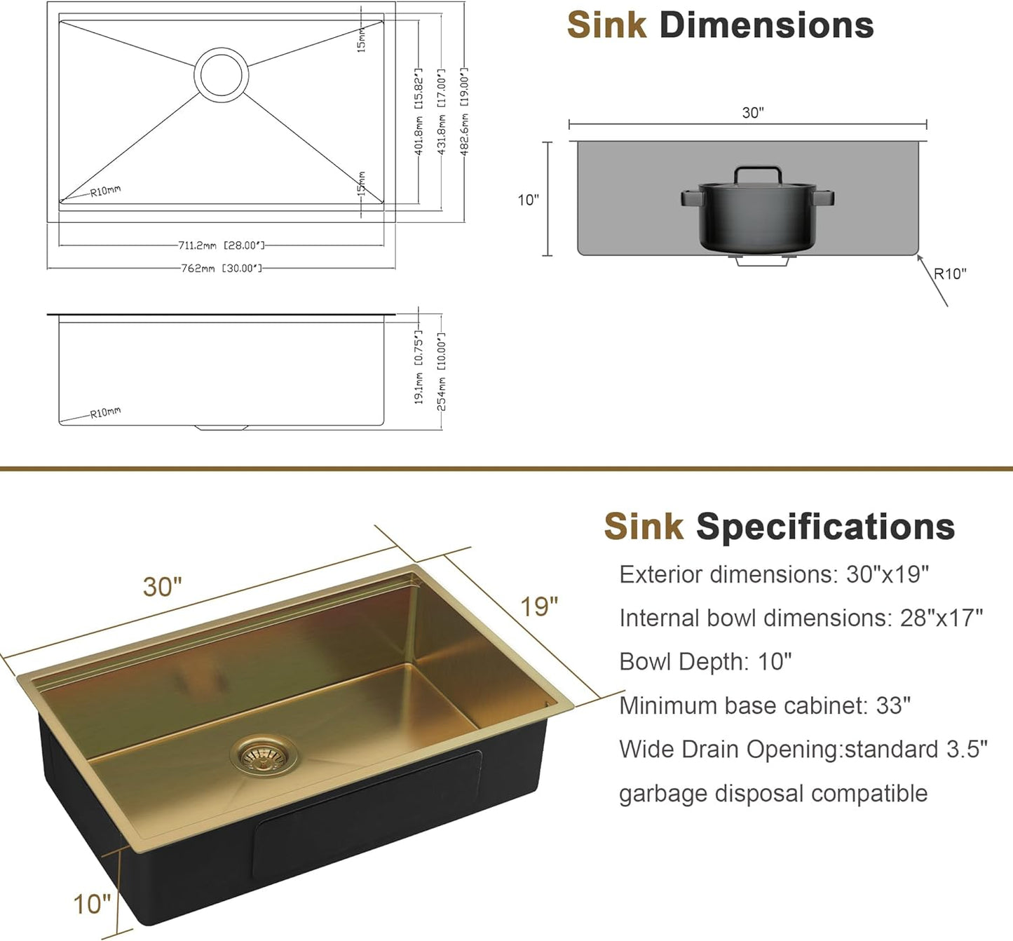 30" x 19" Gold Undermount Workstation Kitchen Sink, 16 Gauge R10 Tight Radius Stainless Steel Single Bowl Kitchen Sink with Integrated Ledge and Accessories