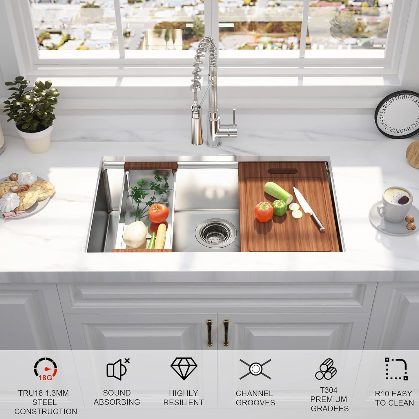 32" x 18" Undermount Kitchen Sink, R10 Tight Radius 18 Gauge Workstation Undermount Stainless Steel Single Bowl Kitchen Sinks And Accessories