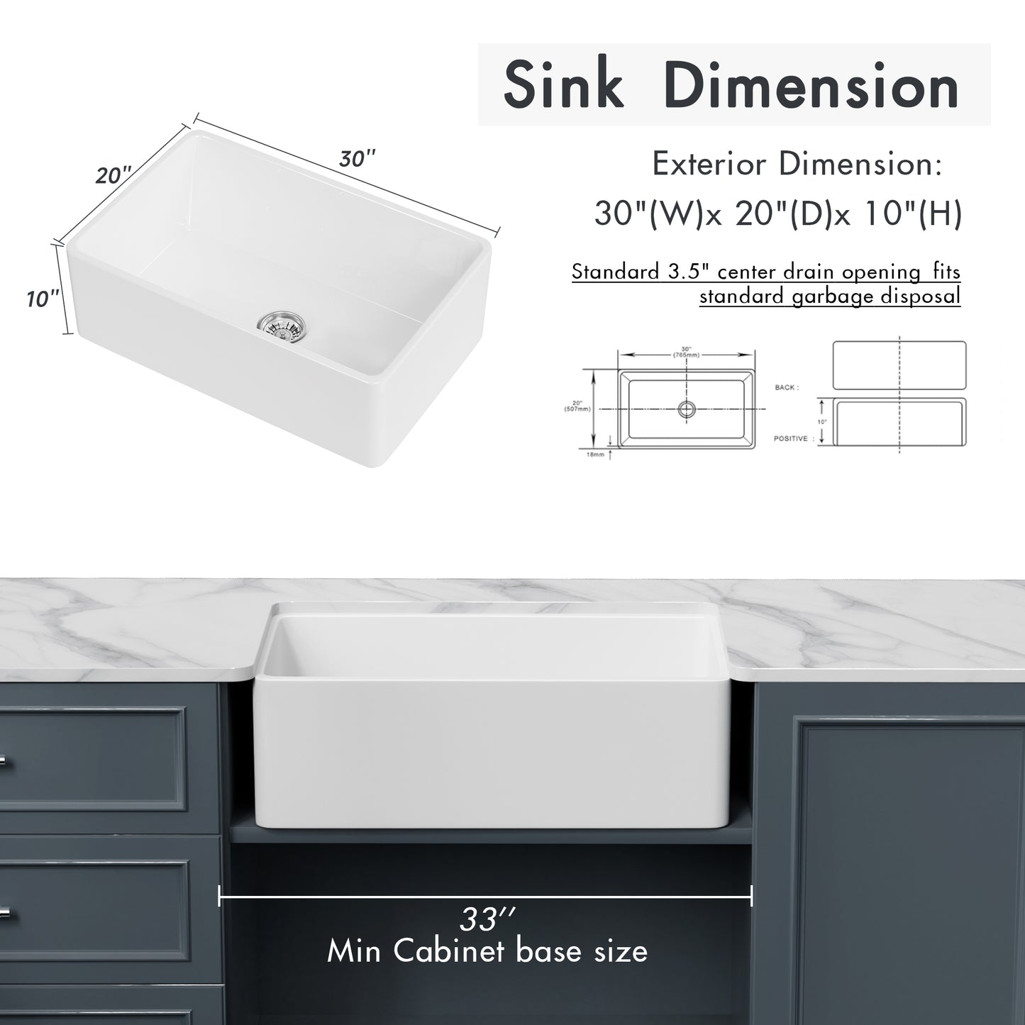 30“ x 20” x 10" White Ceramic Farmhouse Kitchen Sink |ALWEN