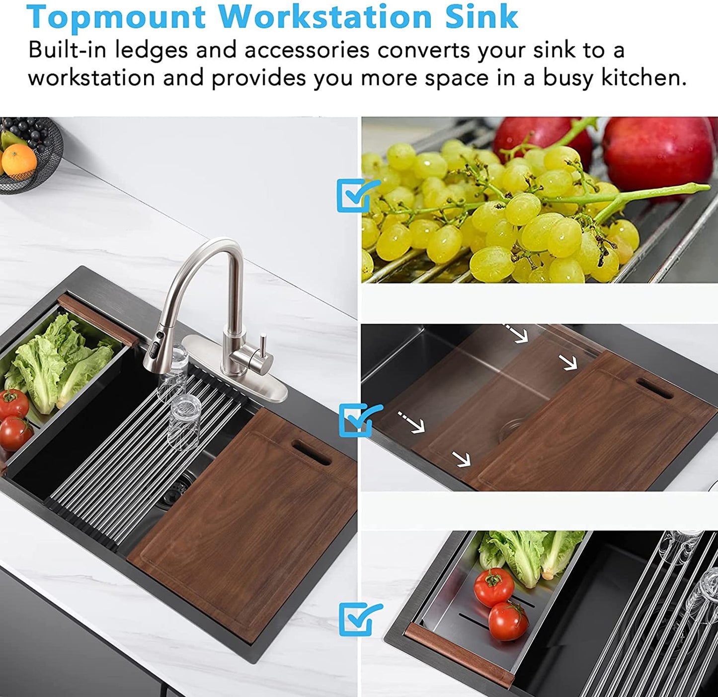 33 x 22 x 10 inch Drop-in Kitchen Sink, Gunmetal Black 16 Gauge Stainless Steel Sink Workstation Ledge Modern Topmount Single Bowl Kitchen Sink