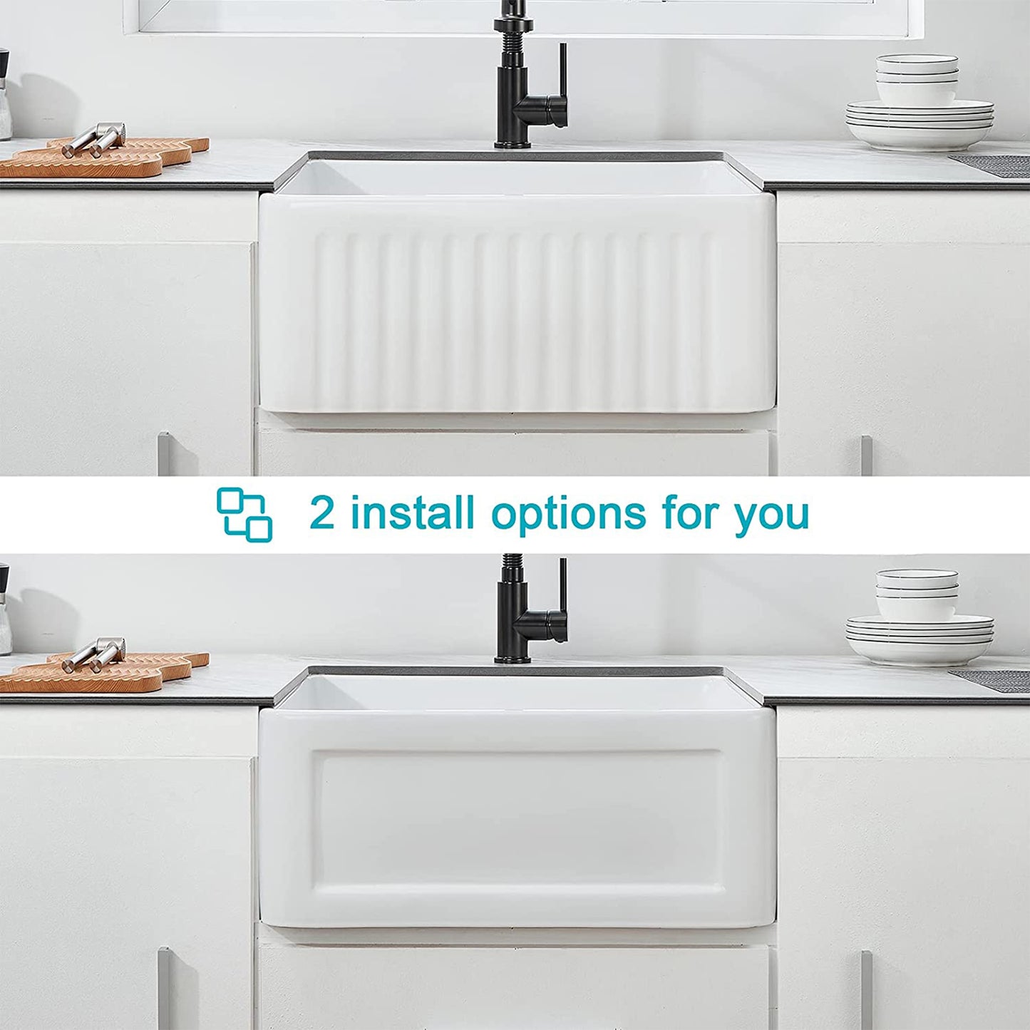 24 X18 inch Ceramic Kitchen Sink, White Reversible Sink, Single Bowl Kitchen Sink with Bottom Grid and Basket Strainer