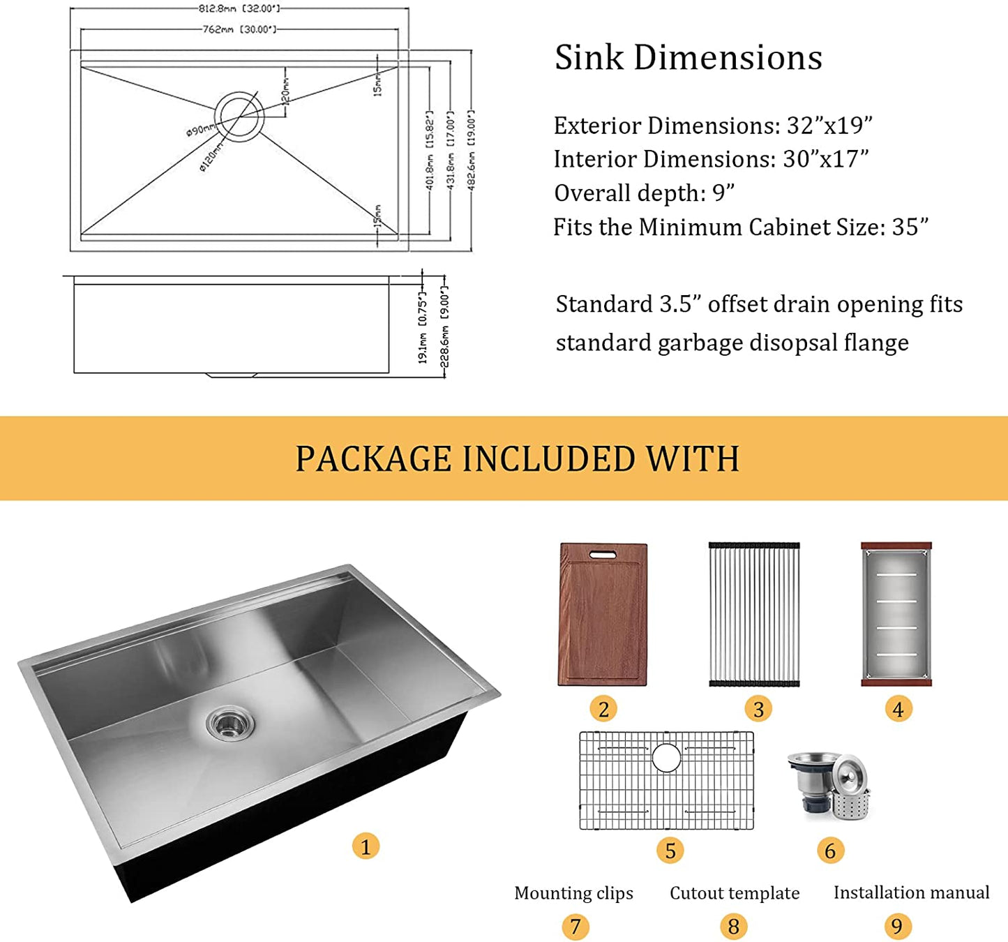 32" x 19" Undermount Kitchen Sink,Single Bowl Stainless Steel Kitchen Sink 18 Gauge,Workstation R0 Radius Handmade All in One Kitchen Sink with Ledge |ALWEN