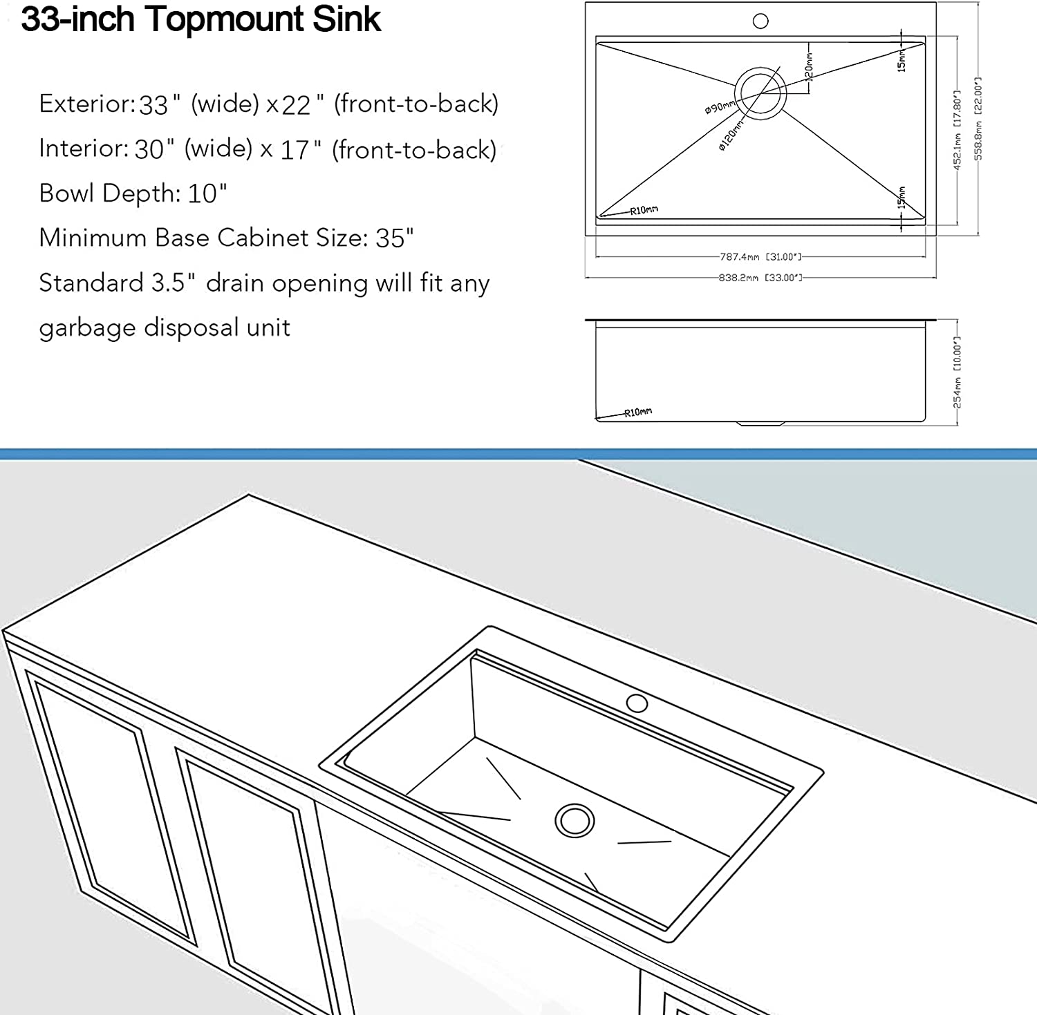 33 x 22 x 10 inch Drop-in Kitchen Sink, Gunmetal Black 16 Gauge Stainless Steel Sink Workstation Ledge Modern Topmount Single Bowl Kitchen Sink
