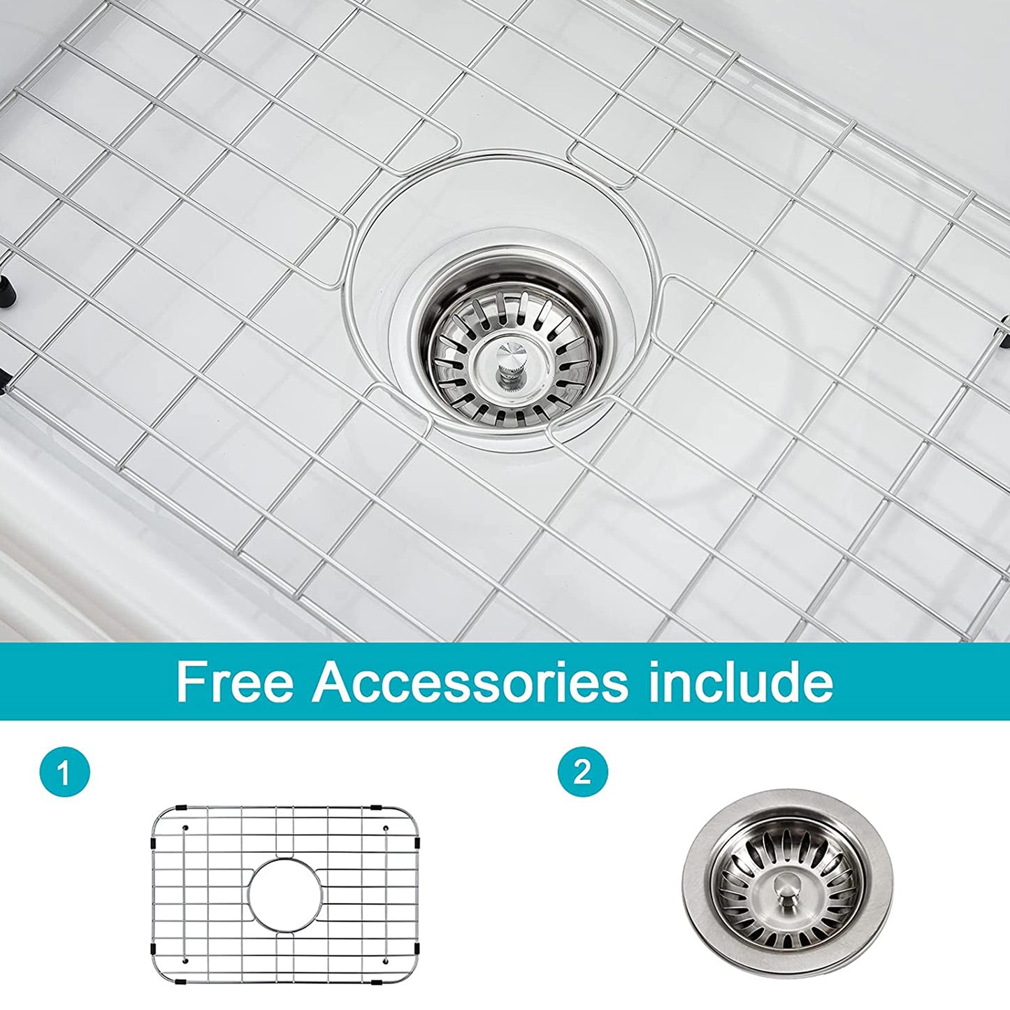 24 X18 inch Ceramic Kitchen Sink, White Reversible Sink, Single Bowl Kitchen Sink with Bottom Grid and Basket Strainer