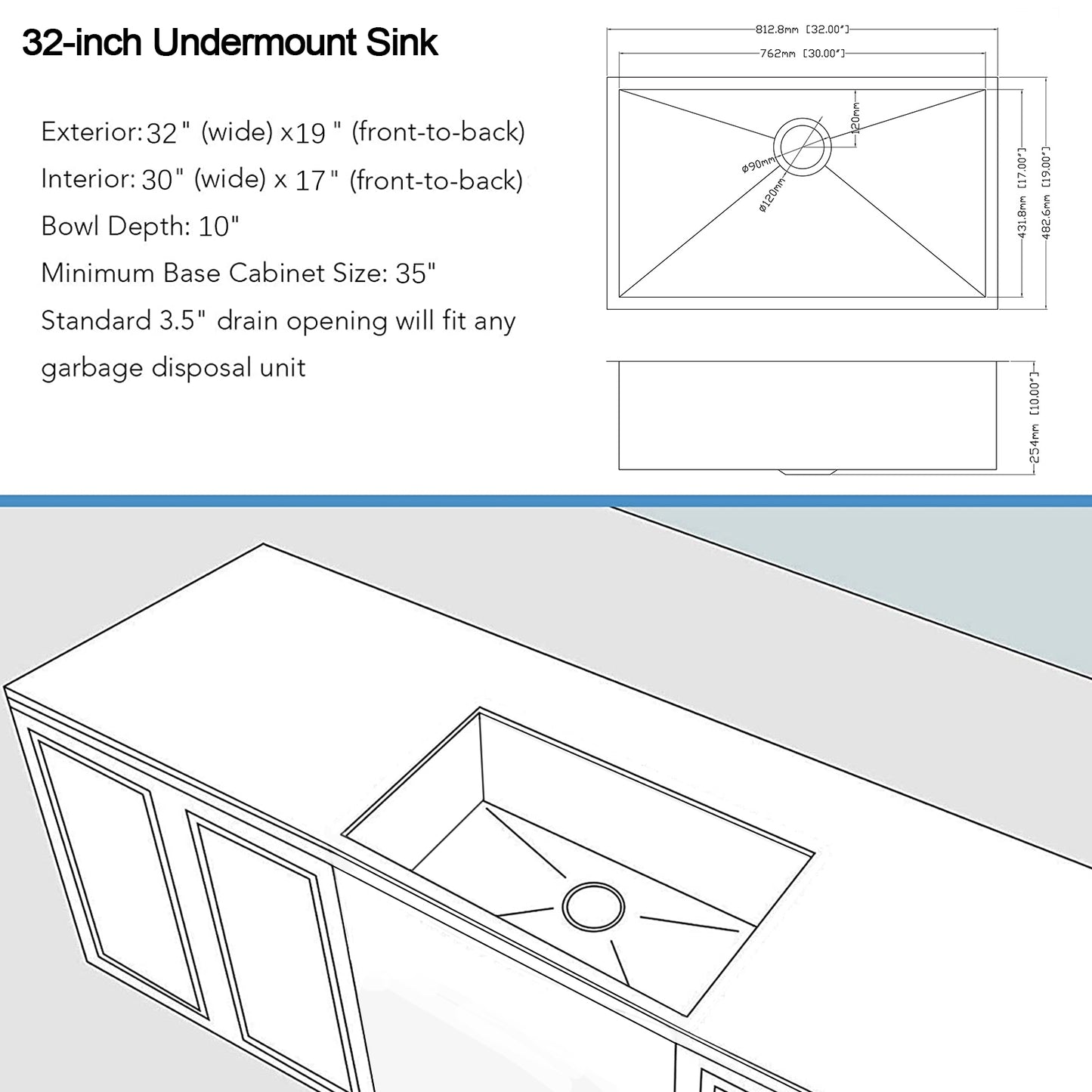 32" x 19" Gunmetal Black Single Bowl Stainless Steel Undermount Kitchen Sink (16 Gauge) ｜ALWEN