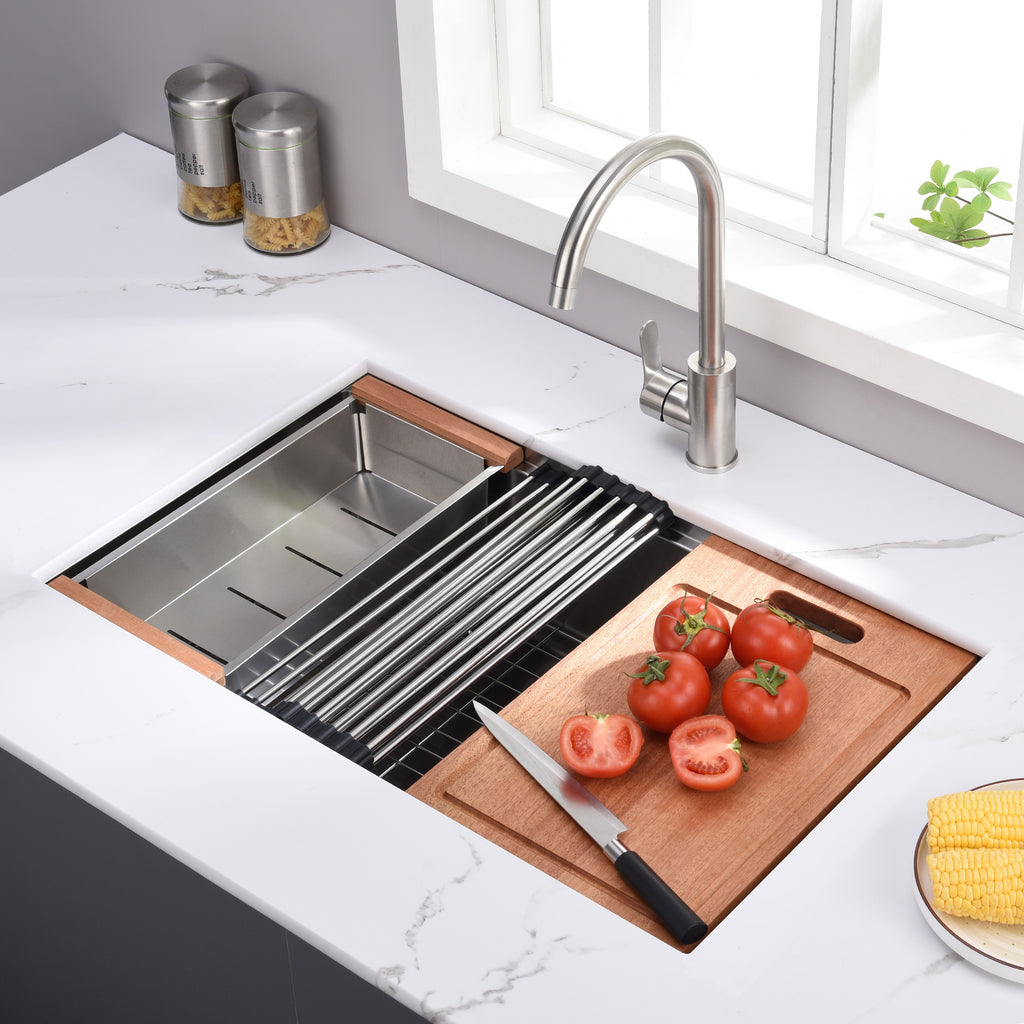 30"x18"x9" Undermount Kitchen Sink, 18 Gauge Stainless Steel Workstation Sink with R10 Radius Corner, Single Bowl with Cutting Board, Colander & Drying Rack