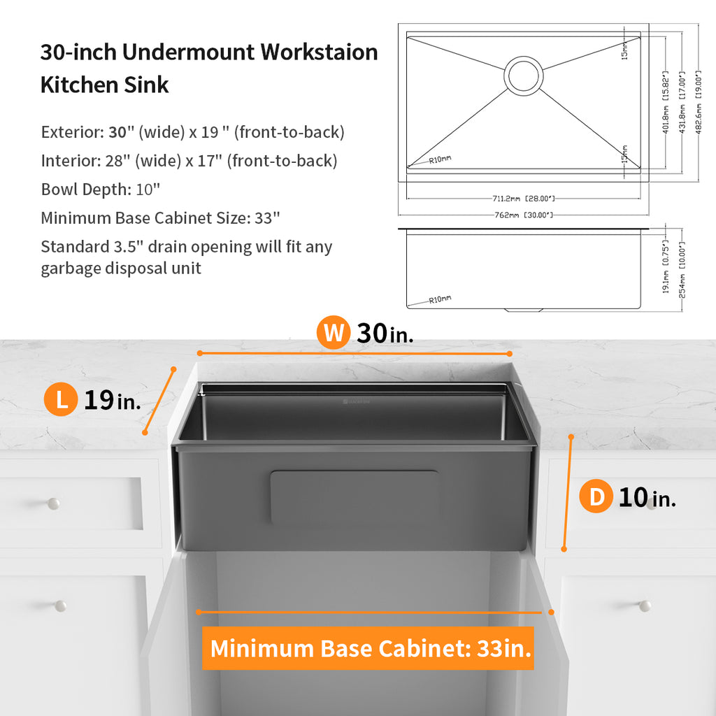 Gunmetal Black Stainless Steel 30 in. 18-Gauge Single Bowl Undermount Workstation Kitchen Sink