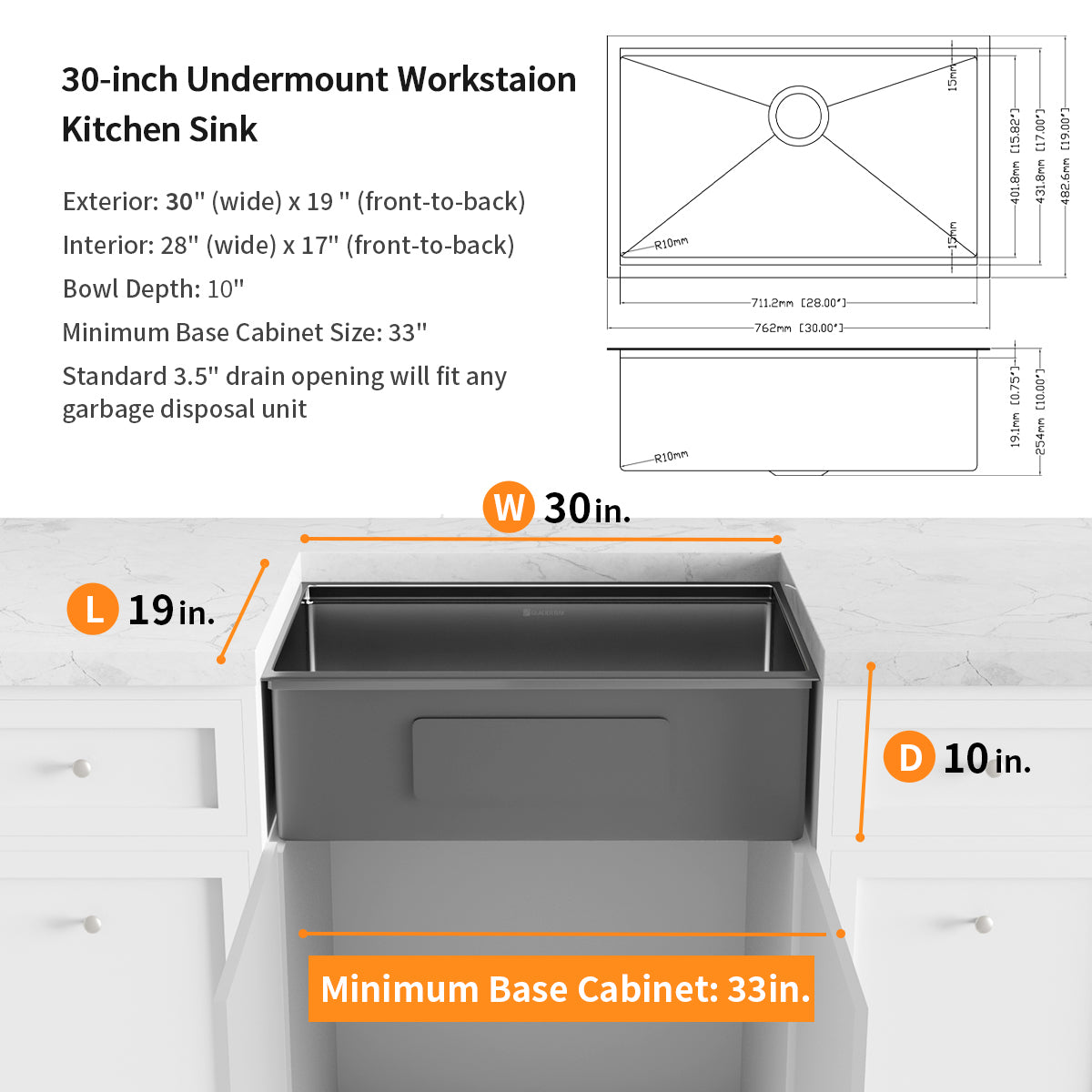 Gunmetal Black Stainless Steel 30 in. 18-Gauge Single Bowl Undermount Workstation Kitchen Sink