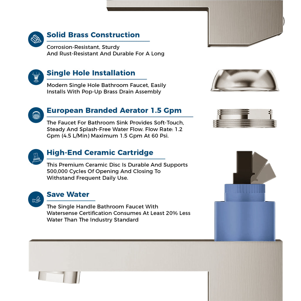 Single-Hole Bathroom Faucet - Brushed Nickel — Solid Brass Construction