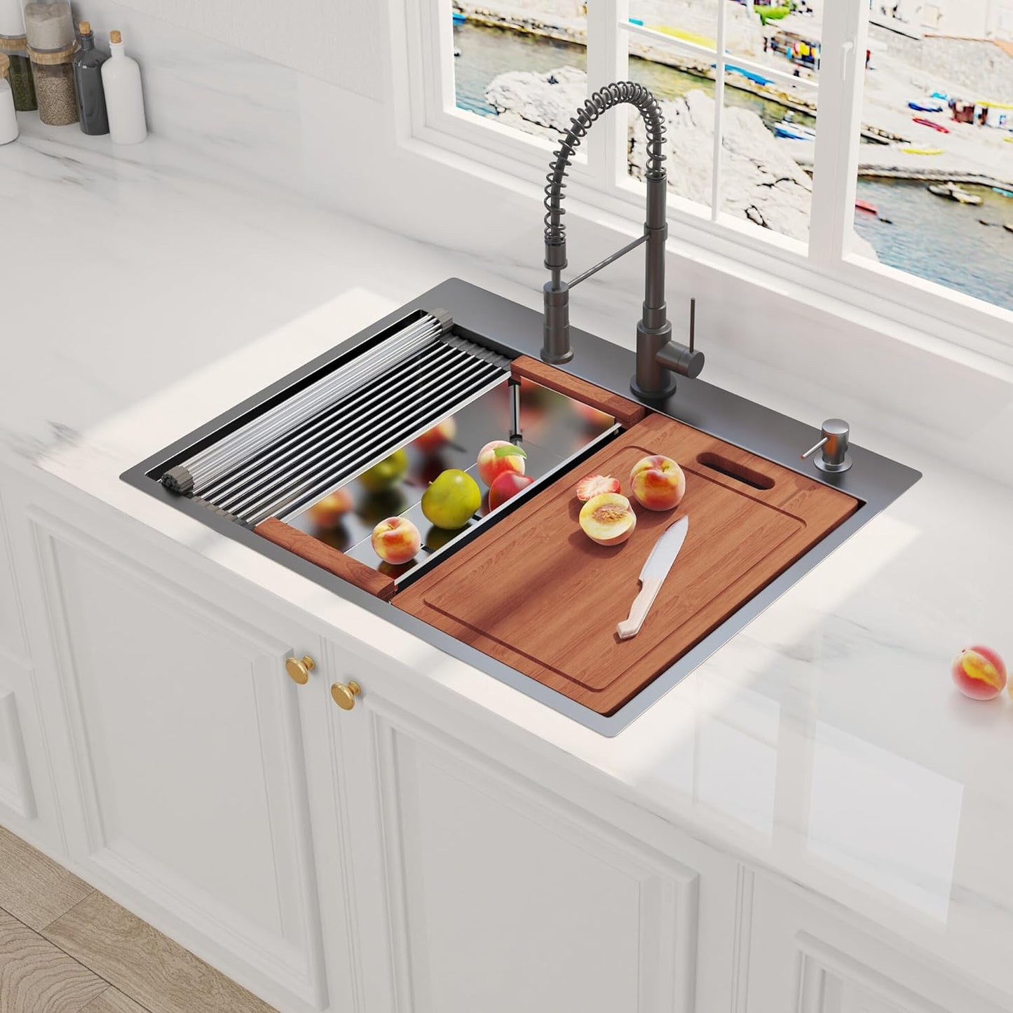 28 x 22 inch Drop In Kitchen Sink, Gunmetal Black Drop In Workstation Sink 16 Gauge Topmount Stainless Steel Single Bowl Kitchen Sink with Ledge and Accessories