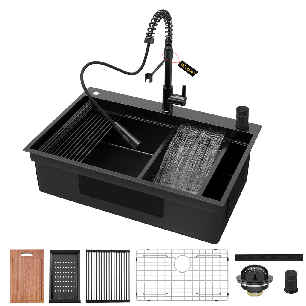 33"x22"x9" Gunmetal Black Waterfall Kitchen Sink with Pull Out Faucet, Drop-in Single Bowl Modern Workstation with Accessories