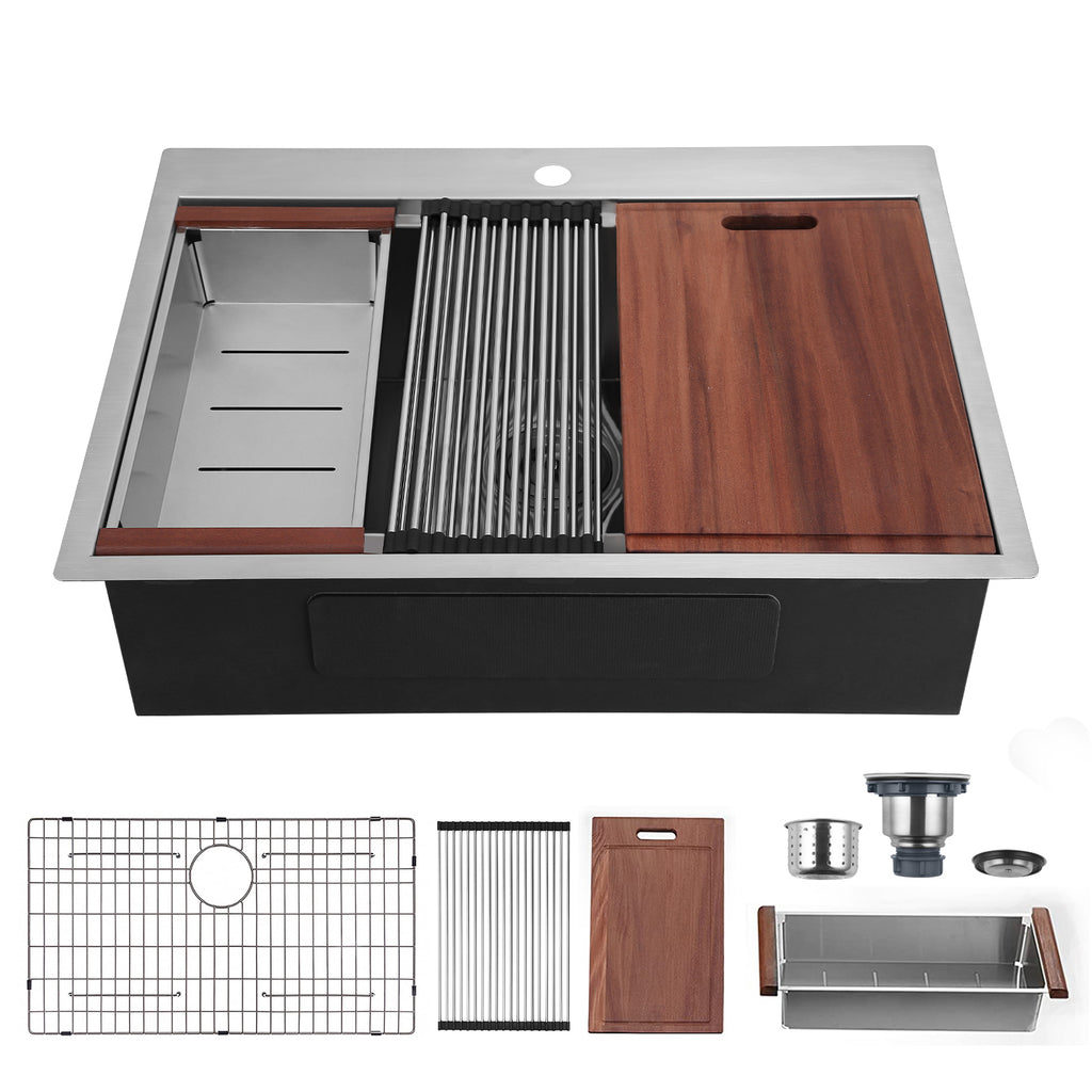 33"x22"x10" Drop-In Workstation Sink — 16 Gauge Stainless Steel with R10 Radius & Accessories