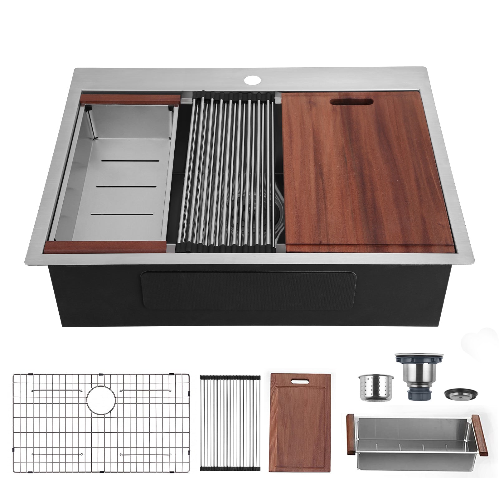 33"x22"x10" Drop-In Workstation Sink — 16 Gauge Stainless Steel with R10 Radius & Accessories