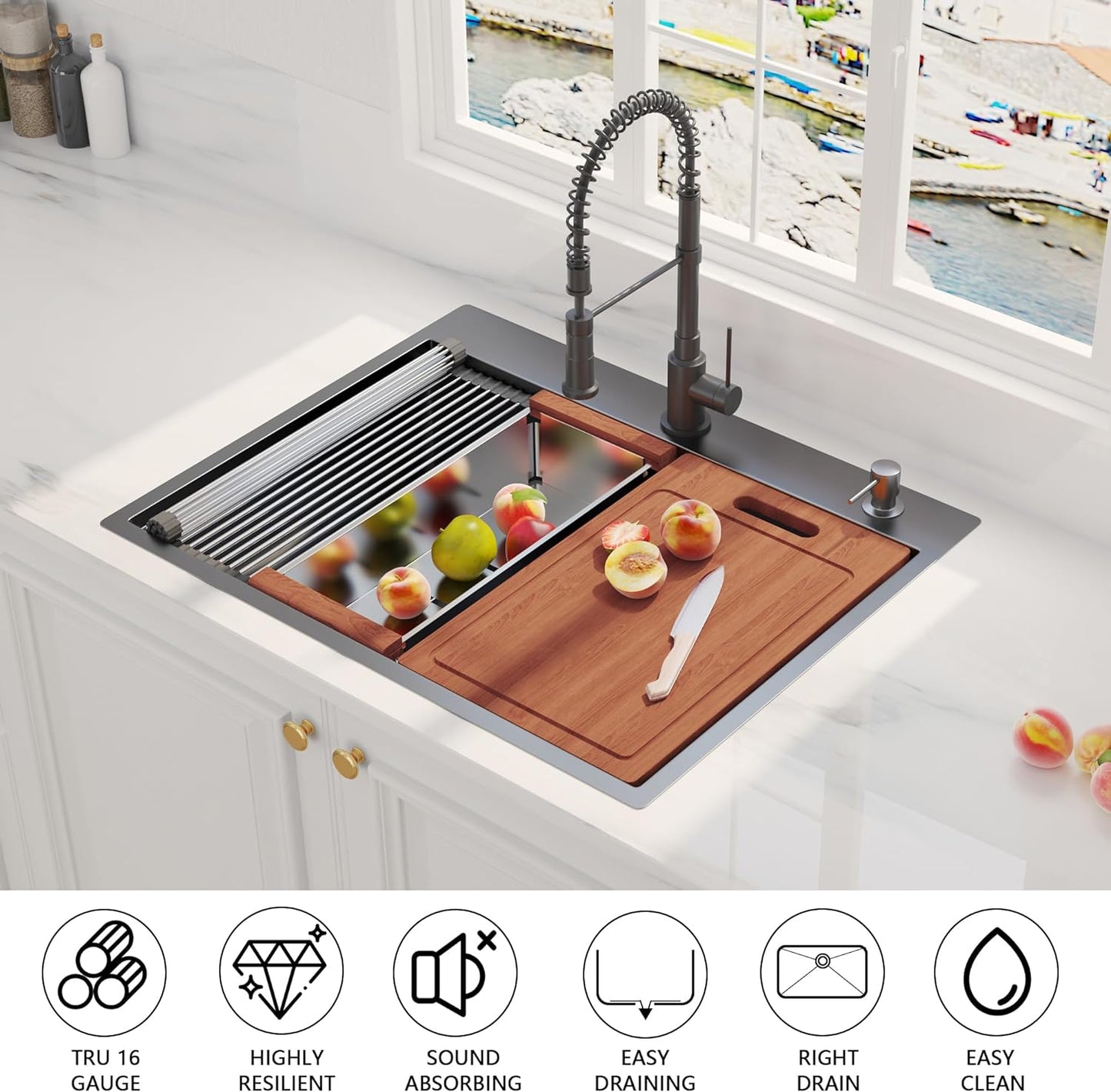 28 x 22 inch Drop In Kitchen Sink, Gunmetal Black Drop In Workstation Sink 16 Gauge Topmount Stainless Steel Single Bowl Kitchen Sink with Ledge and Accessories