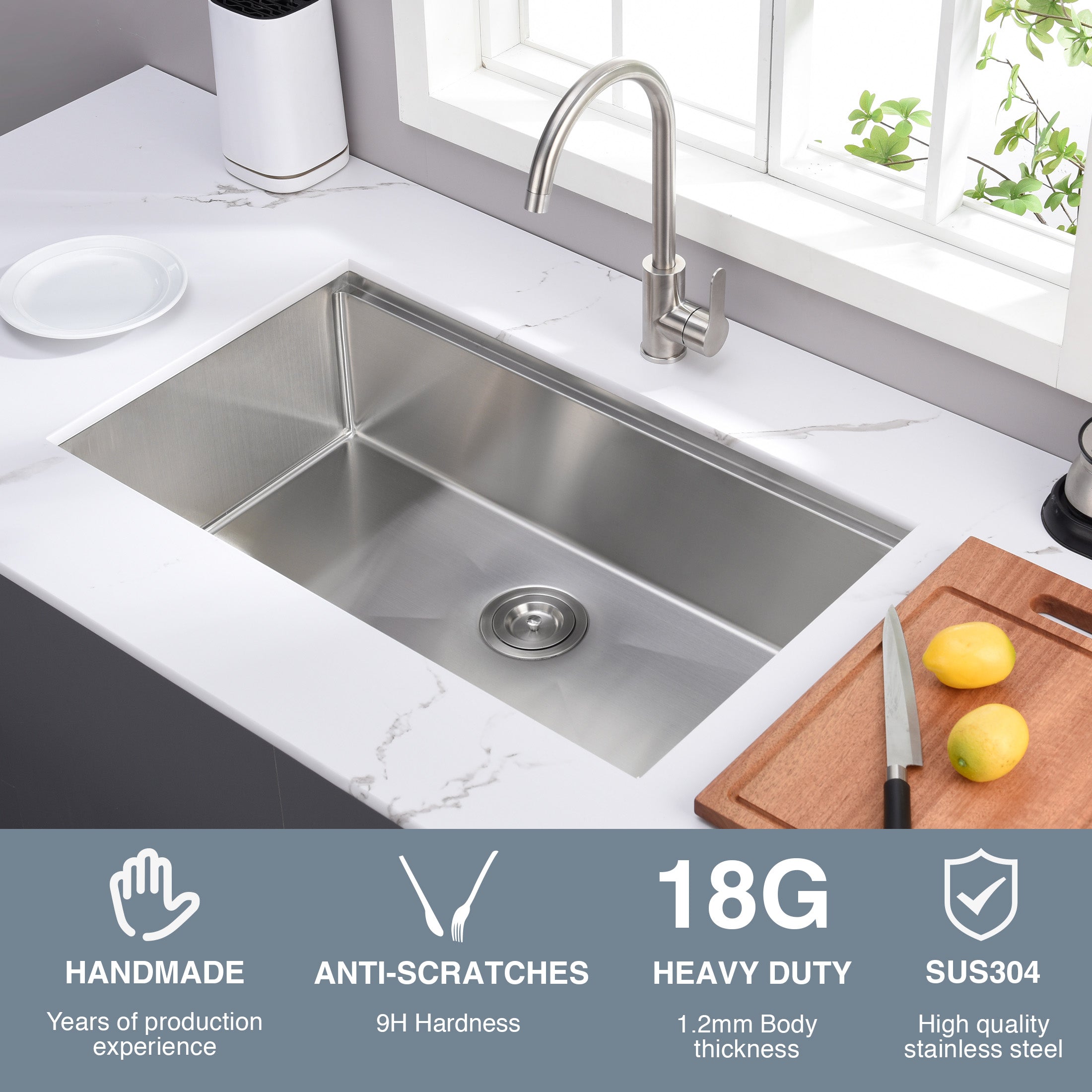 30"x18"x9" Undermount Kitchen Sink, 18 Gauge Stainless Steel Workstation Sink with R10 Radius Corner, Single Bowl with Cutting Board, Colander & Drying Rack