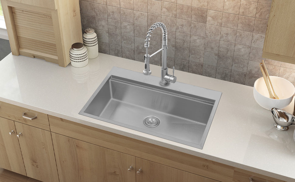 33"x22"x10" Drop-In Workstation Sink — 16 Gauge Stainless Steel with R10 Radius & Accessories