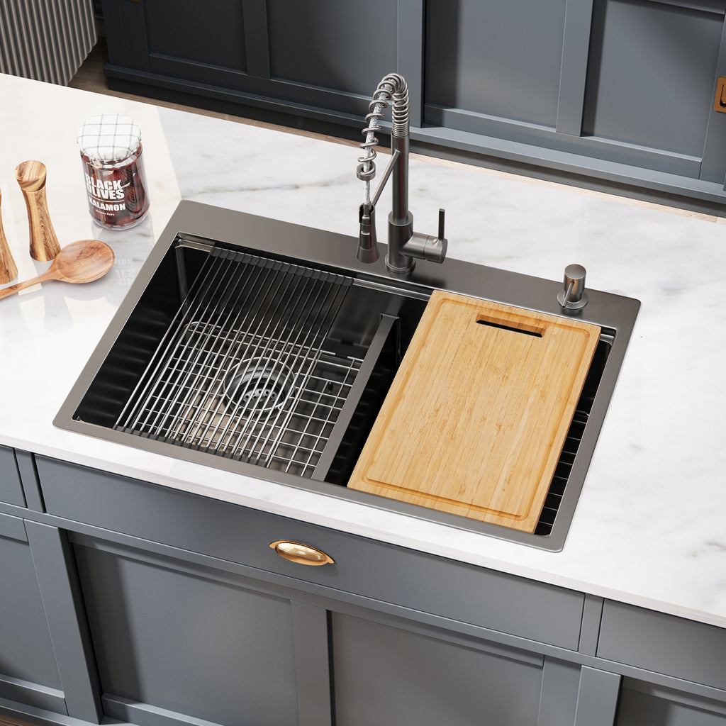 33" x 22" Inch Double Bowl Black Stainless Steel Drop in Kitchen Sink