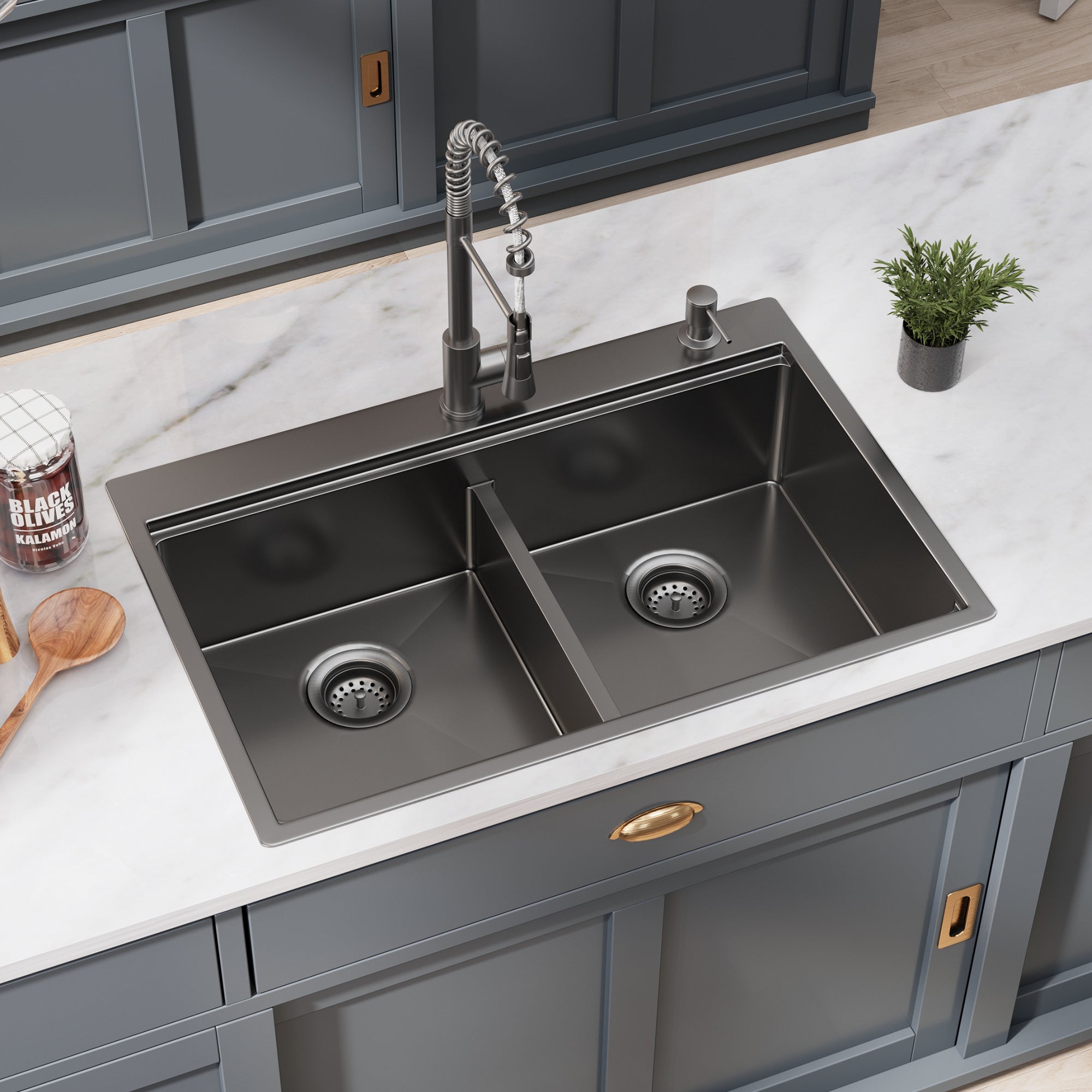 33" x 22" Inch Double Bowl Black Stainless Steel Drop in Kitchen Sink