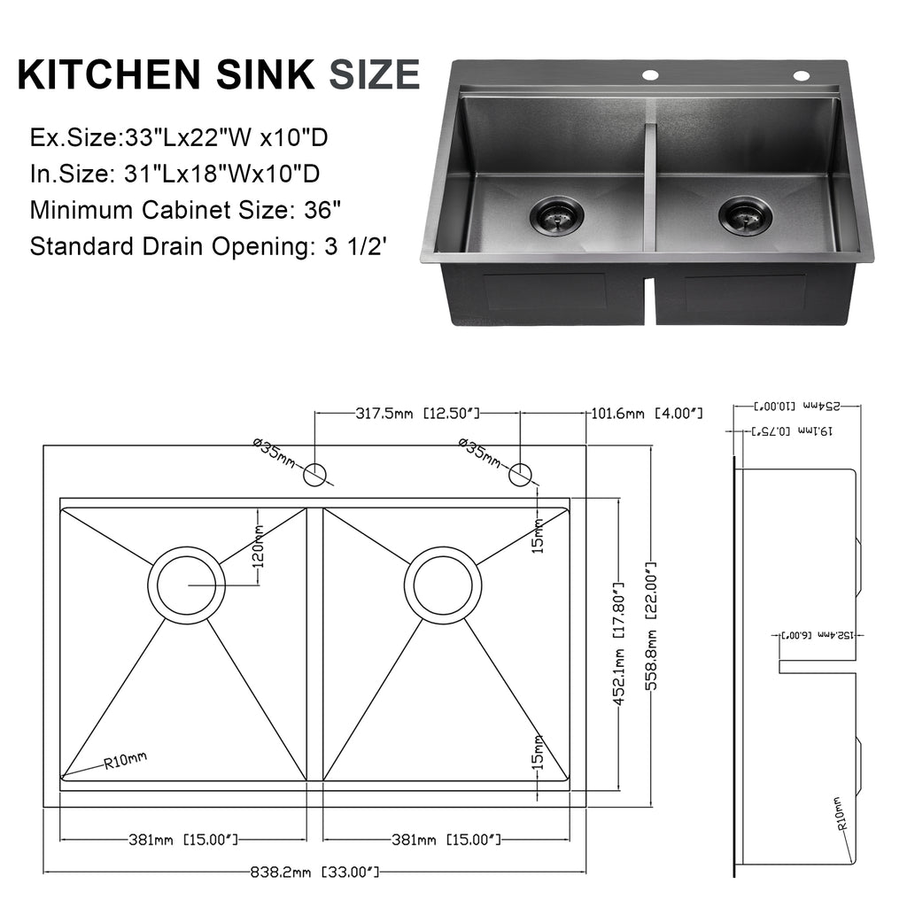 33" x 22" Inch Double Bowl Black Stainless Steel Drop in Kitchen Sink