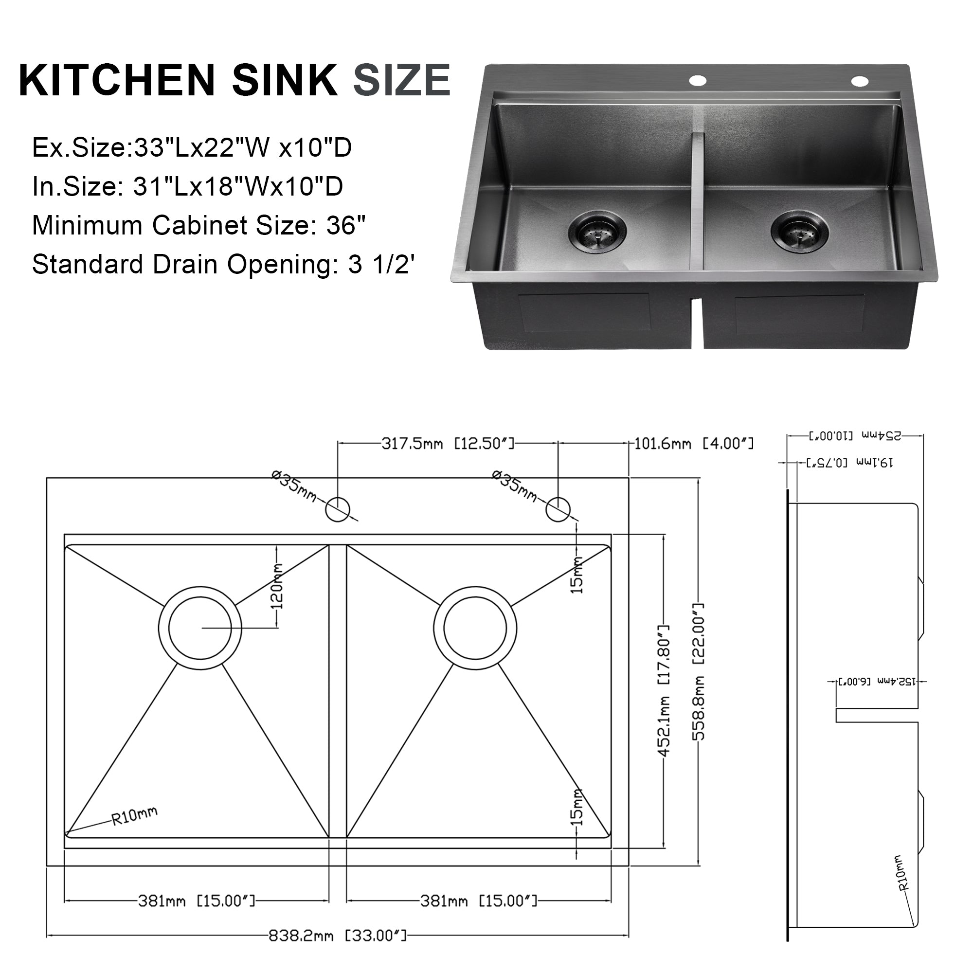 33" x 22" Inch Double Bowl Black Stainless Steel Drop in Kitchen Sink