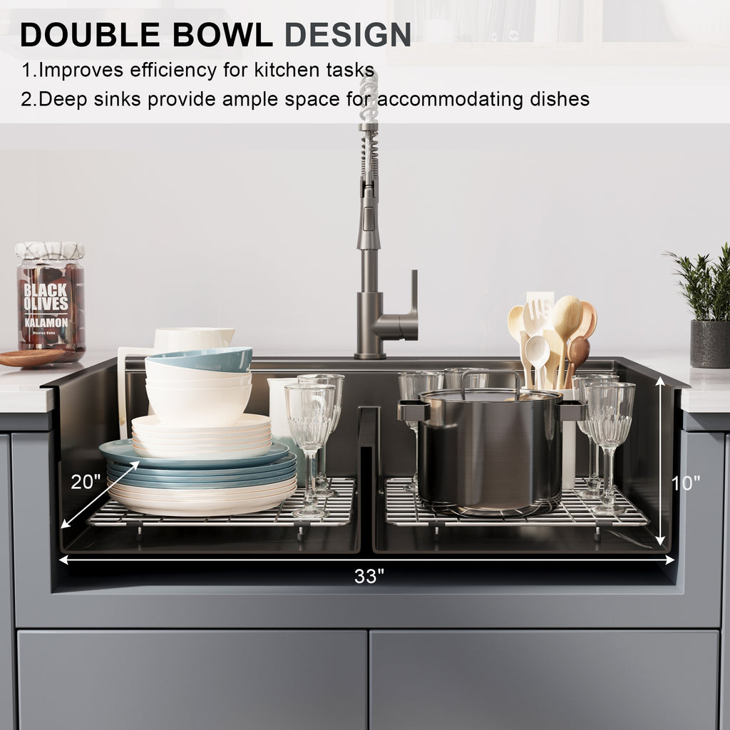 33" x 22" Inch Double Bowl Black Stainless Steel Drop in Kitchen Sink