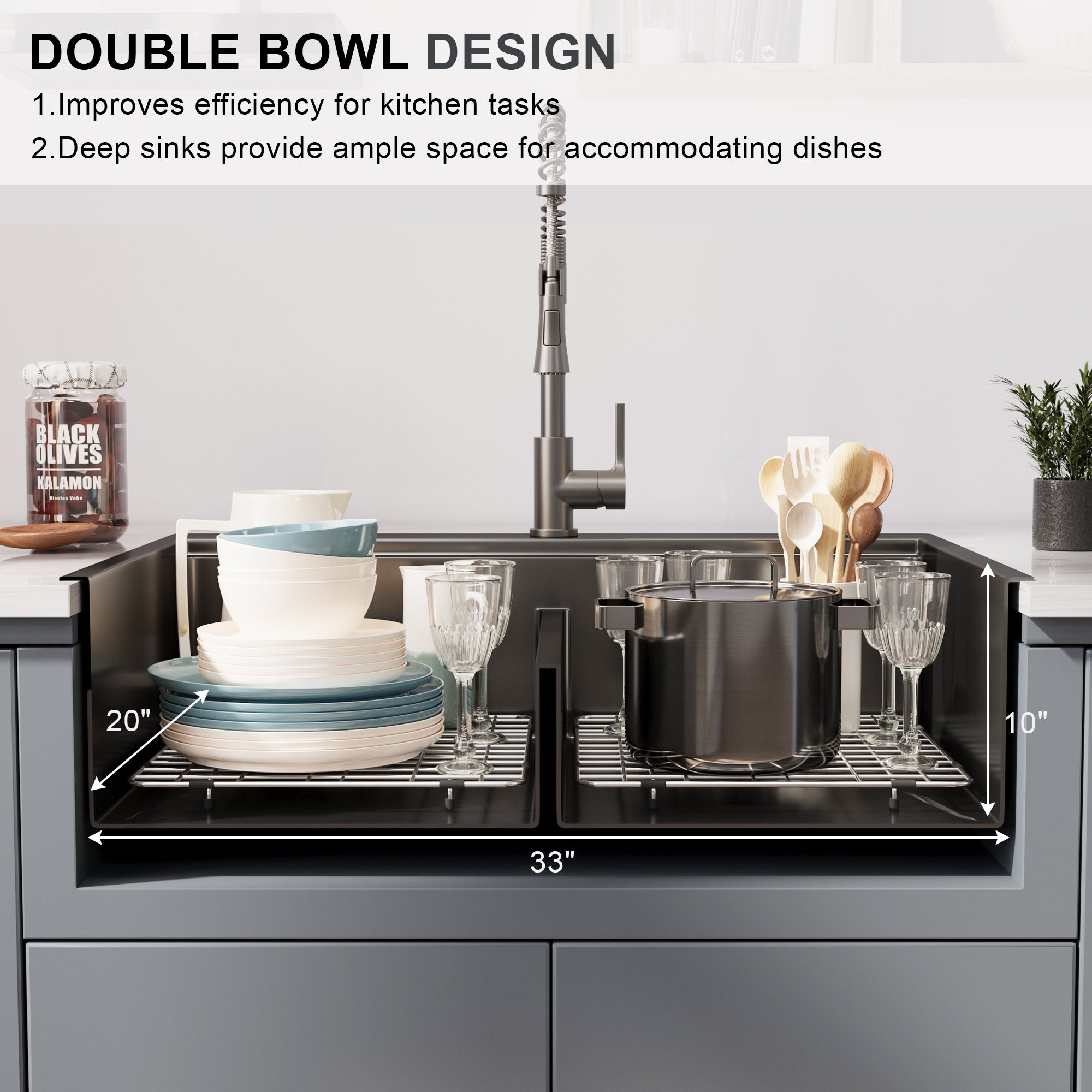 33" x 22" Inch Double Bowl Black Stainless Steel Drop in Kitchen Sink