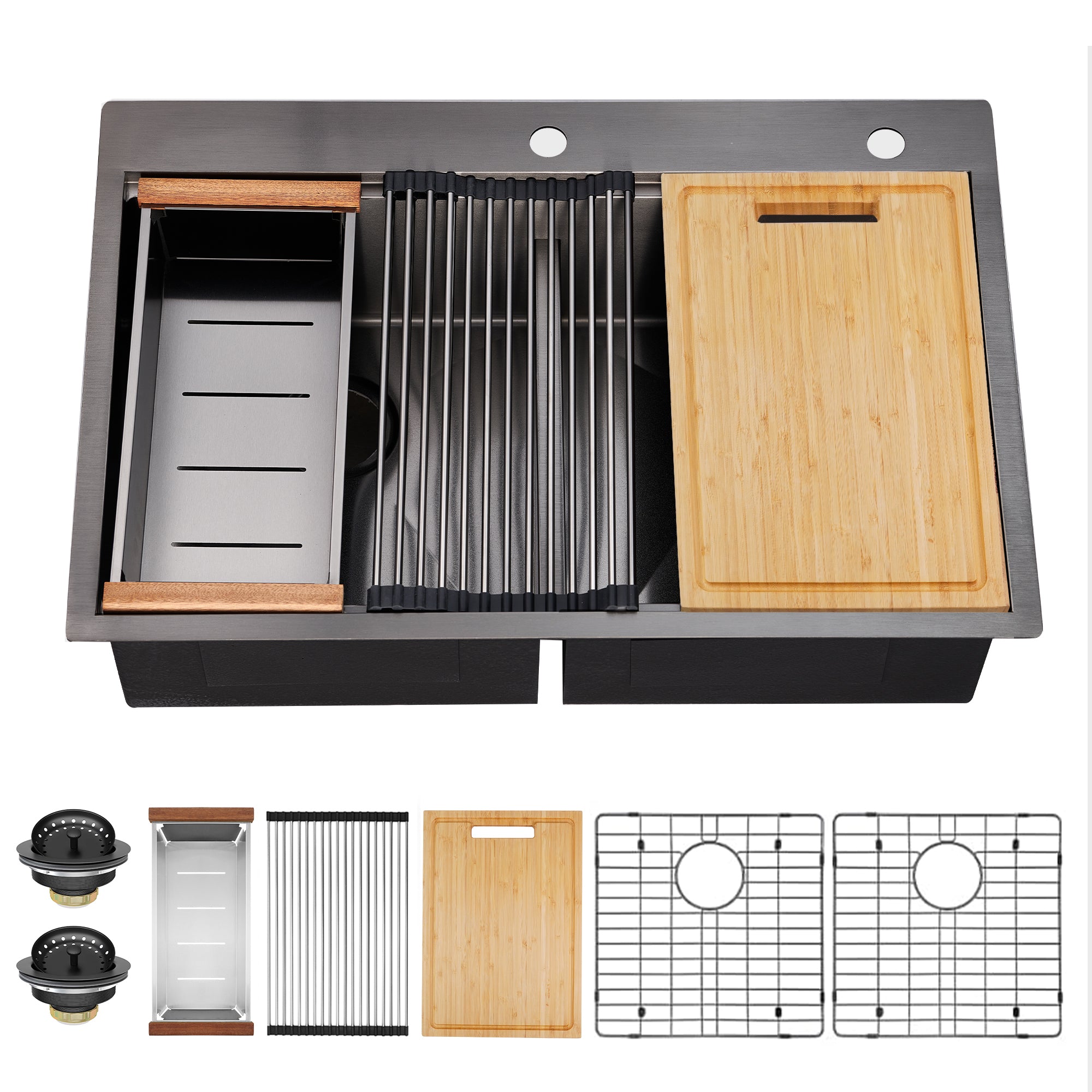 33" x 22" Inch Double Bowl Black Stainless Steel Drop in Kitchen Sink