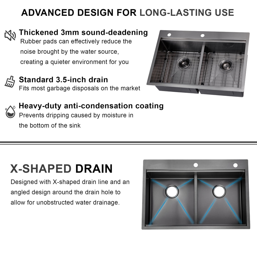 33" x 22" Inch Double Bowl Black Stainless Steel Drop in Kitchen Sink