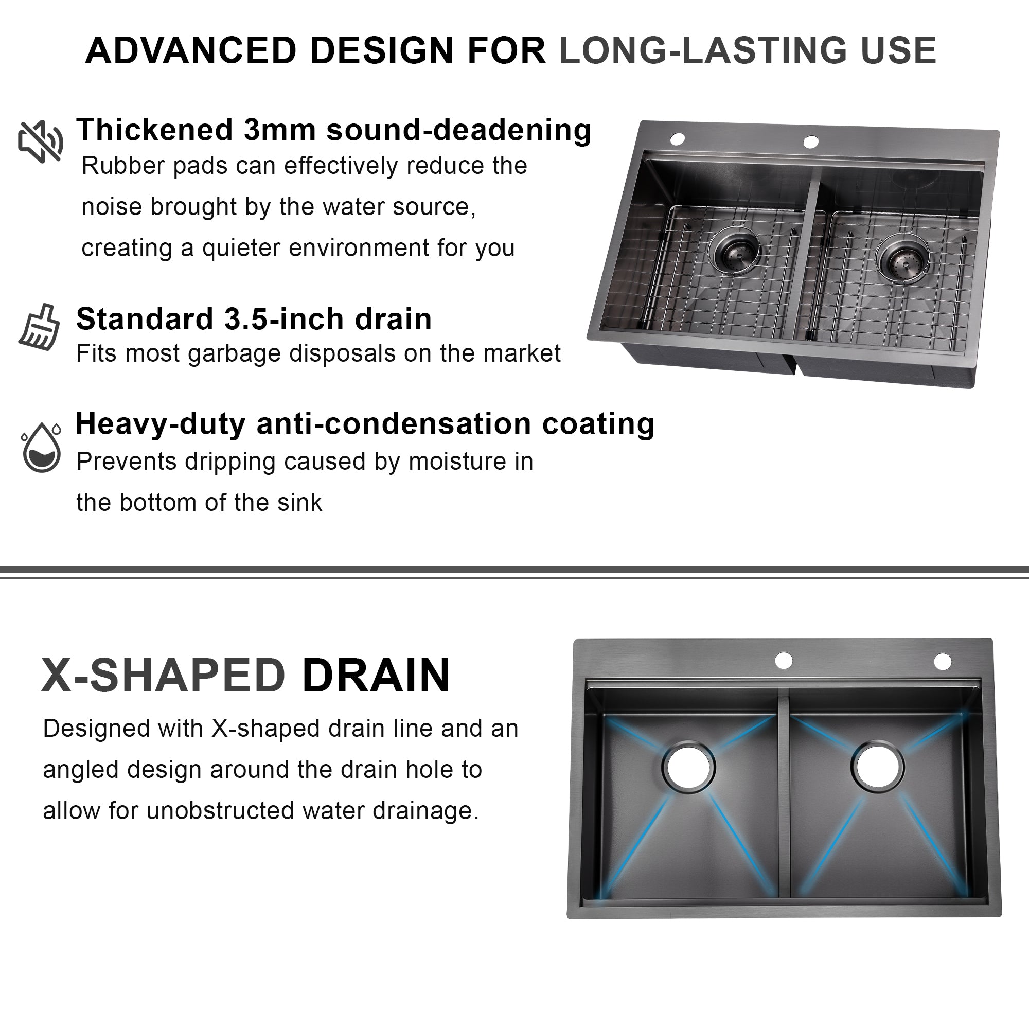 33" x 22" Inch Double Bowl Black Stainless Steel Drop in Kitchen Sink