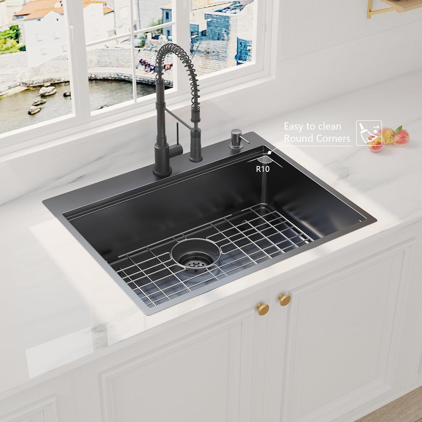 28 x 22 inch Drop In Kitchen Sink, Gunmetal Black Drop In Workstation Sink 16 Gauge Topmount Stainless Steel Single Bowl Kitchen Sink with Ledge and Accessories