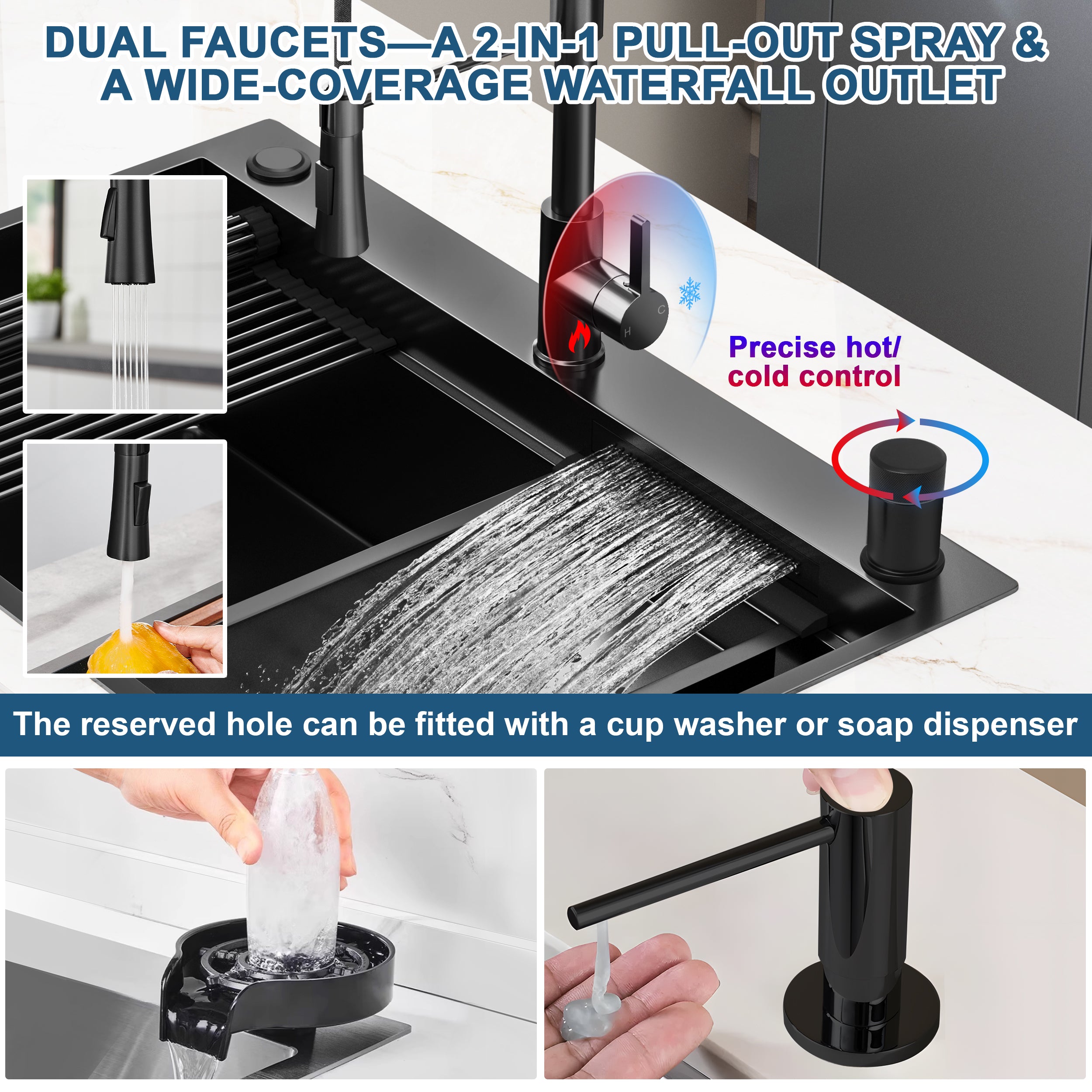 33"x22"x9" Gunmetal Black Waterfall Kitchen Sink with Pull Out Faucet, Drop-in Single Bowl Modern Workstation with Accessories