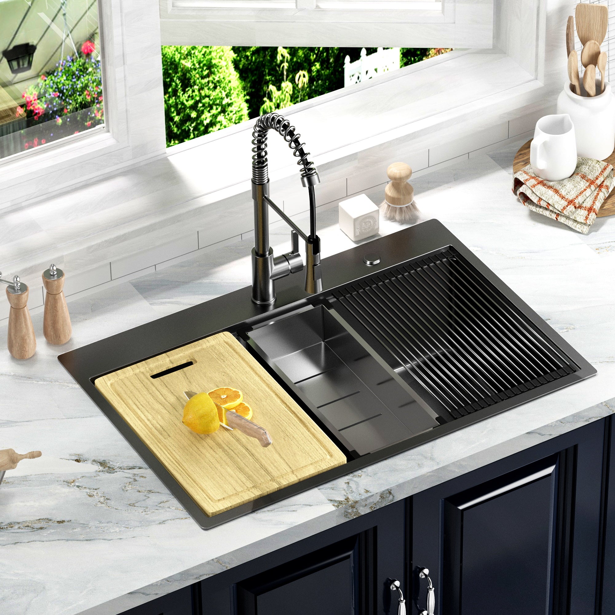 Gunmetal Black Stainless Steel 32 in. 18G Single Bowl Dual Mount Workstation Kitchen Sink with Black Spring Neck Faucet