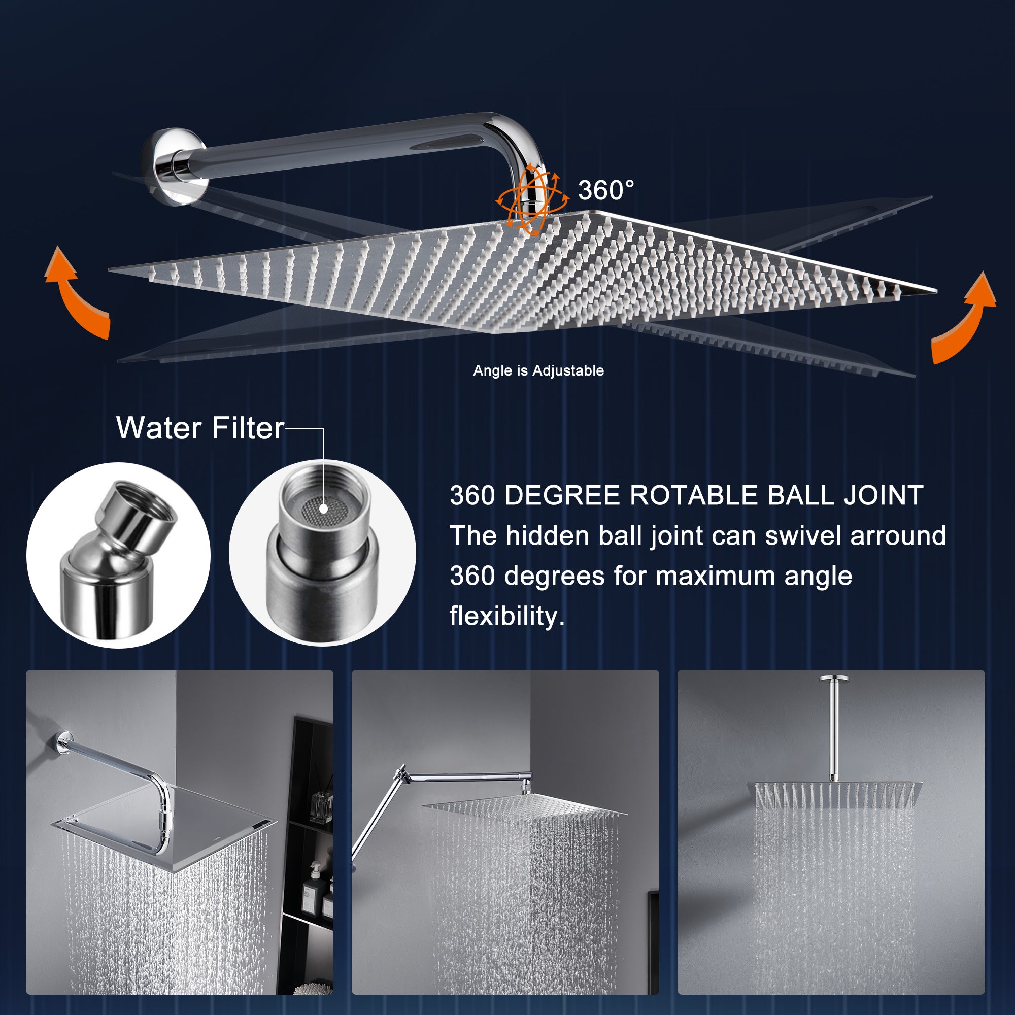 16" Chrome Rain Shower Head — Ultra-Thin 304 Stainless Steel with 360° Adjustment