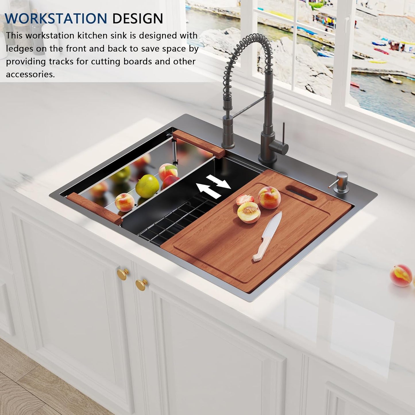 28 x 22 inch Drop In Kitchen Sink, Gunmetal Black Drop In Workstation Sink 16 Gauge Topmount Stainless Steel Single Bowl Kitchen Sink with Ledge and Accessories