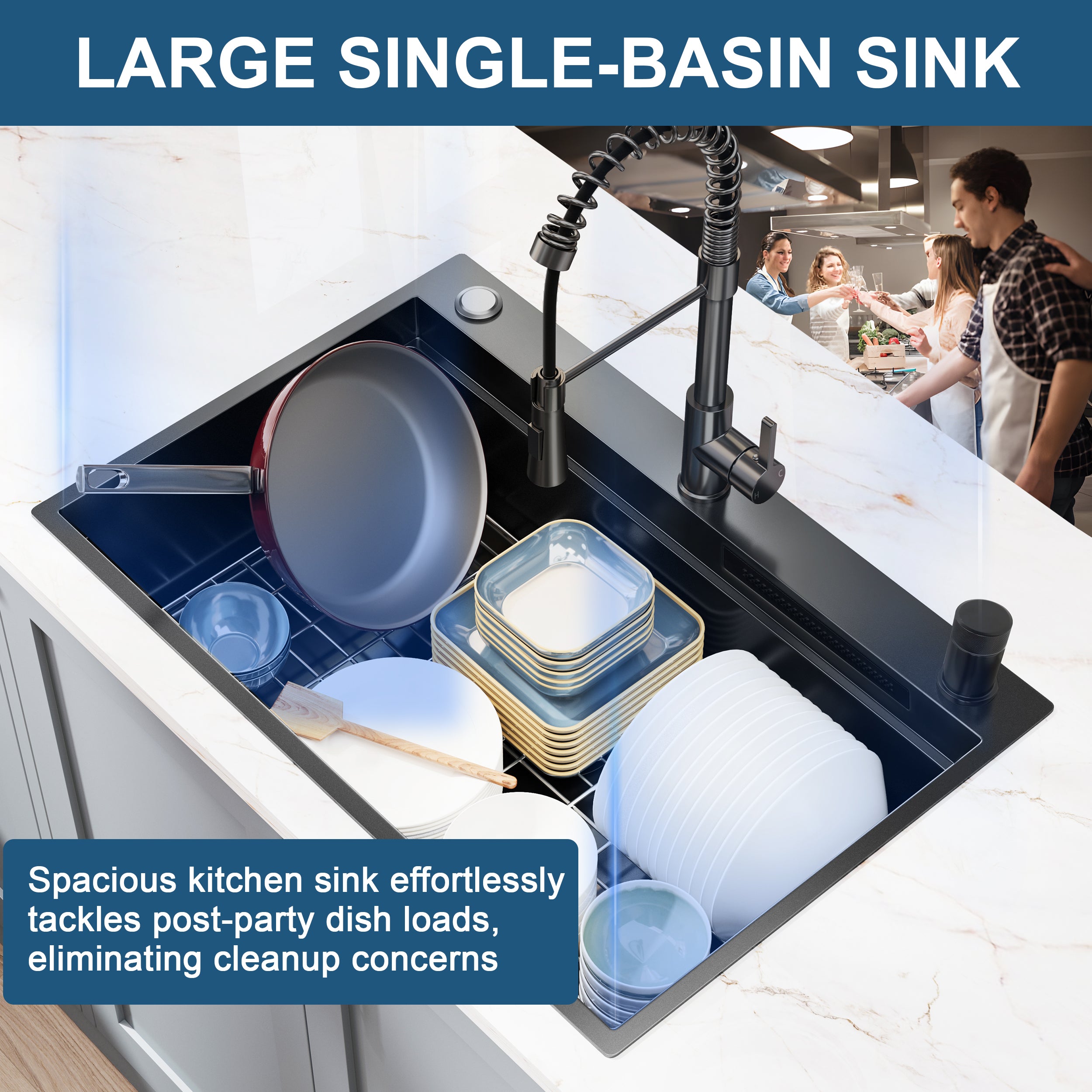 33"x22"x9" Gunmetal Black Waterfall Kitchen Sink with Pull Out Faucet, Drop-in Single Bowl Modern Workstation with Accessories