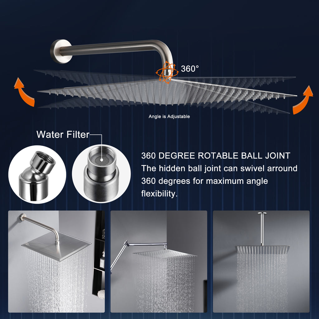 16" Brushed Nickel Rain Shower Head — Ultra-Thin 304 Stainless Steel with 360° Adjustment
