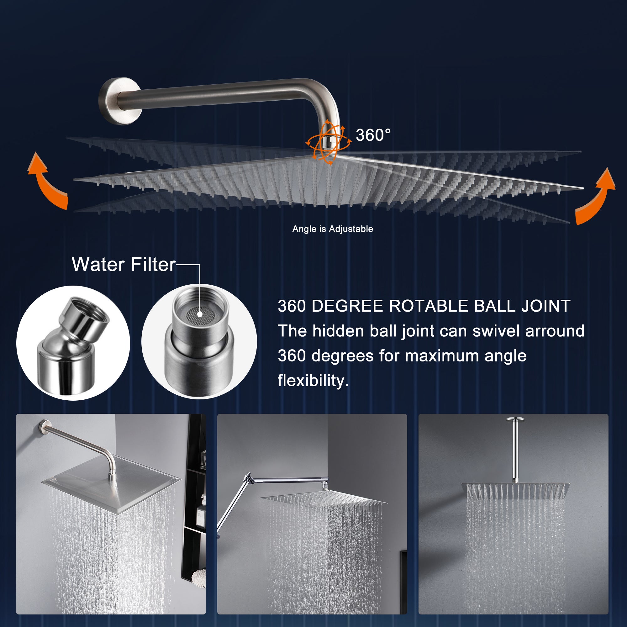 16" Brushed Nickel Rain Shower Head — Ultra-Thin 304 Stainless Steel with 360° Adjustment