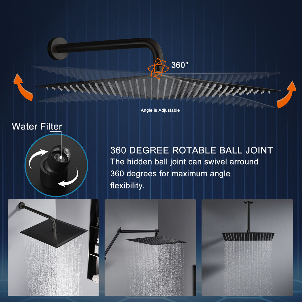 16" Matte Black Rain Shower Head — Ultra-Thin 304 Stainless Steel with 360° Adjustment