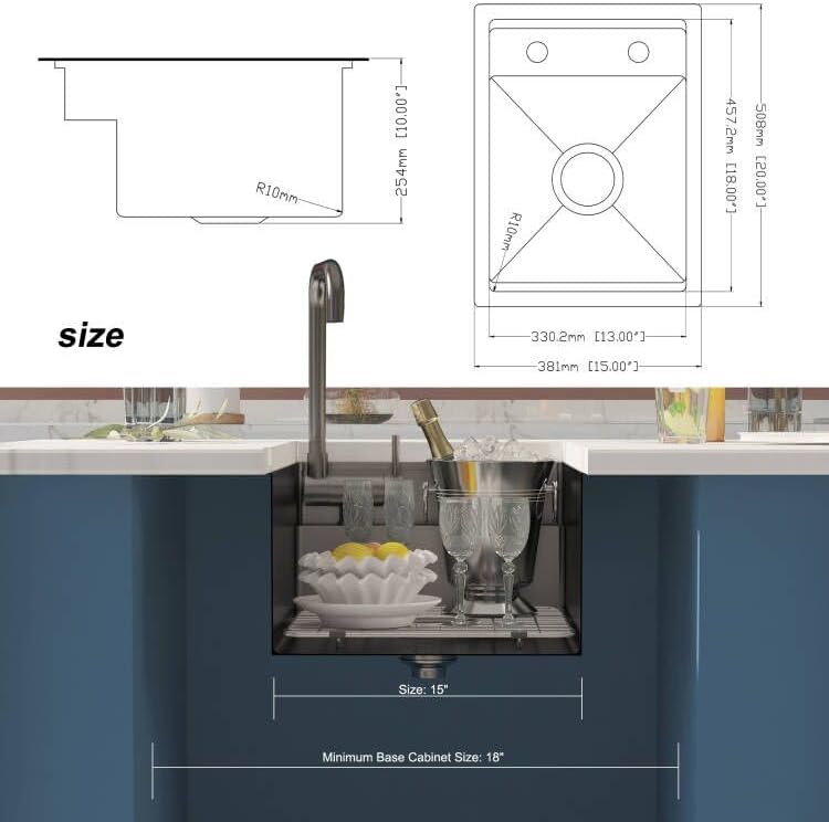 15 Inch Black Hidden Concealed Kitchen Bar Sink with Folding Faucet